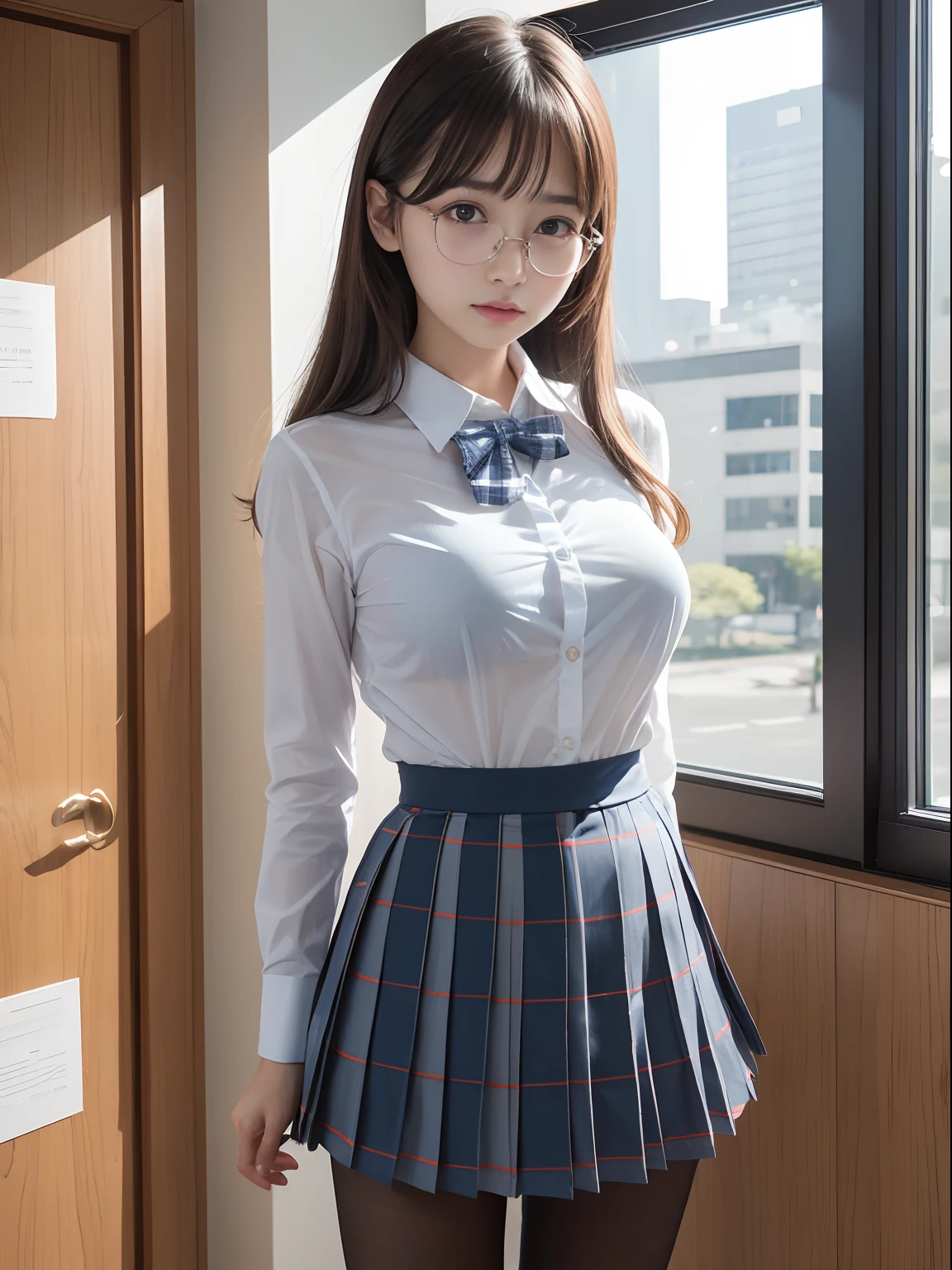 (Medium Hair),(Underwear is visible),(8K、Raw photography、top-quality、masterpiece:1.2),((small tits))、((small tits))、((small tits))、((small tits))、((small tits))、((A-cup))、((A-cup))、((A-cup))、((A-cup))、((A-cup))、Has a small、(flat breast)、(flat breast)、(flat breast)、(flat breast)、(flat breast)、(being thin)、Rasping,glamor,Chromo-white skin,cocky,School,watching at viewers,Looking at the front,Muchimuchi,High-pitched clothing,Erotic,Pupils,de pele branca,kne,((Black pantyhose)),absurderes,a small face,,Forehead visible,Bangs hanging from the left and right sides of the forehead,(a cold expression,Tight eyes,glares,Bullish,irate)、masterpiece,top-quality、超A high resolution,Raw photo,ren,Beautiful fece,One Person, 独奏,eye glass,,Dark look,Small breasts,fullllbody,Round glasses,JK school uniform,hi-school girl,A Japanese Lady,is standing,(Photorealsitic:1.37)、Photon mapping,Realistic、Beautie,Cute little face,Brown-eyed、Black socks、(Red bow tie)、Radio City、Physically Based Rendering、depth of fields、Blurry background、a picture,Body,beauty legs, Long legs, Thin leg,(Bangs are visible), hair, s lips, Blue_The eye, nosesoft,(Light blue shirt), (Navy and blue and white plaid pleated skirt), Knees are visible,Sheer clothing,, Thigh, Black cotton socks,Nogizaka Idol, 女優, Japanese ido