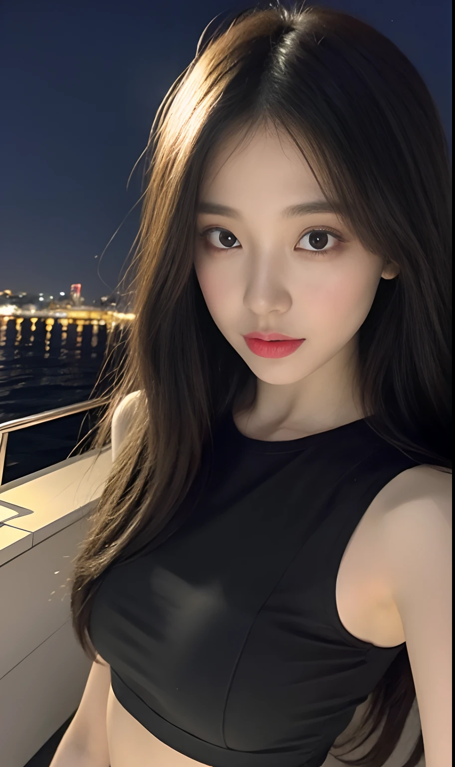 (Original photo of 8K,best qualtiy,tmasterpiece:1.2),(Medium view),the night,Night on a yacht,Sea and night view in the background,best qualtiy,tmasterpiece,(Small mouth:1.2),short- sleeved,short- sleeved,short- sleeved,short- sleeved,an extremely delicate and beautiful one,,astounding,finely detailled,tmasterpiece,Best quality at best,(age 22:1.2),Narrow waist,Slim,is shy,Pure,adolable,Bushy hair,Soft hair,big breasts beautiful,A detailed eye,(long whitr hair:1.2)