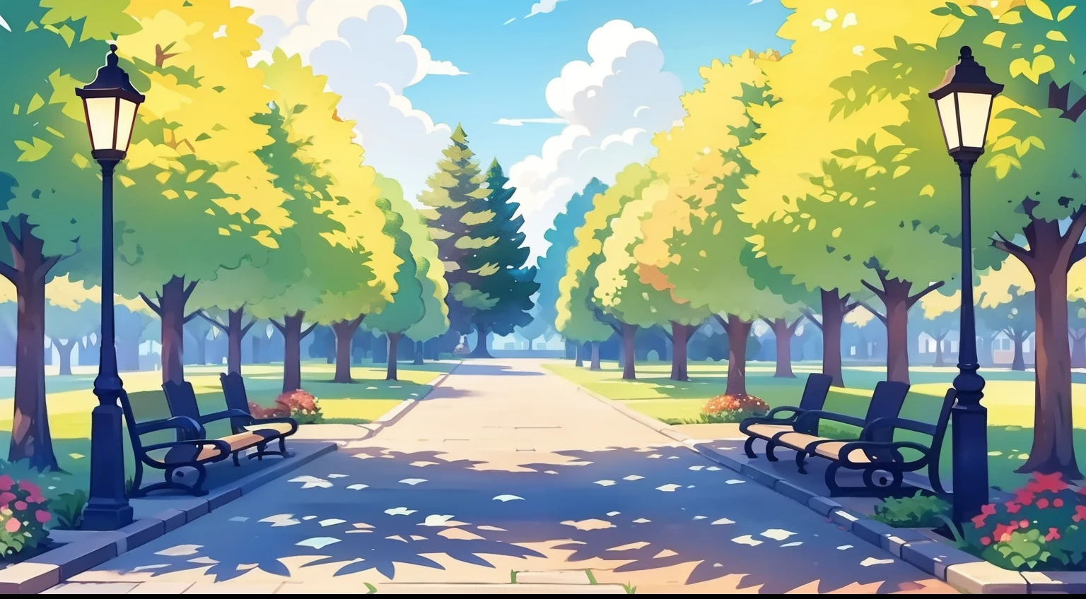 Beautiful park landscape painting、Natural Color、hightquality、masutepiece、Benches、street lamp