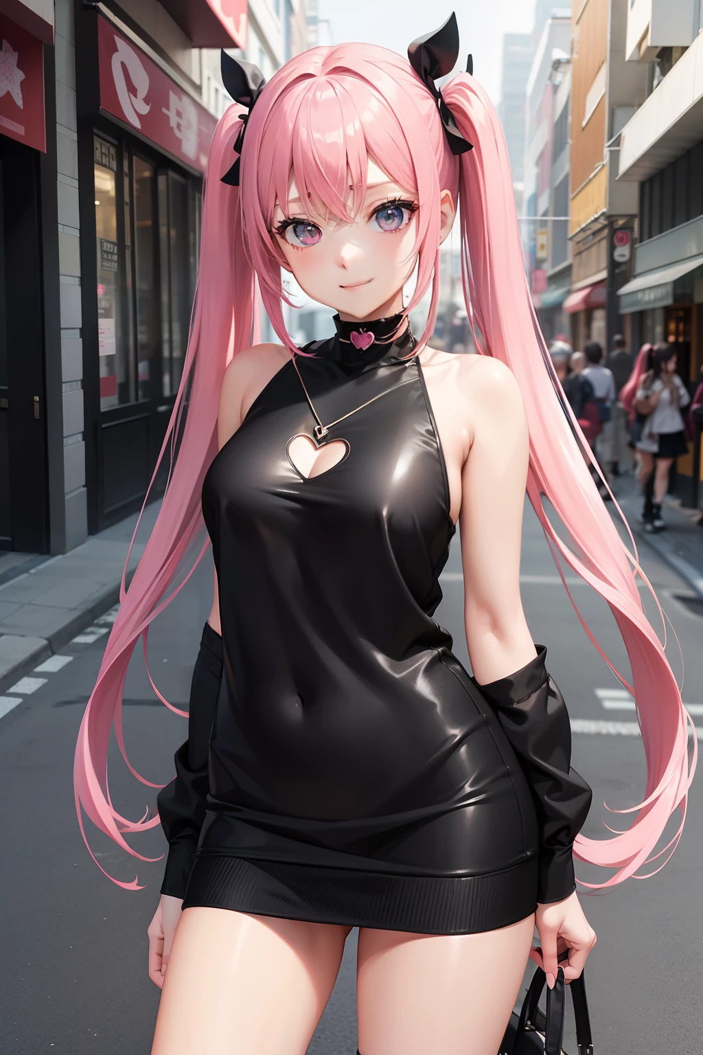 full body Esbian, masutepiece: 1.2, Highest Quality), (Live-action, elaborate details), (1 Lady, Solo, Upper body,) Clothing: Edgy, Black long jumper, pink miniskirt, long hair with pink twin tails,,,,,,,,,,,,,,,,、Avant-garde, Experimental appearance: Long pink twin tail hair 、Heart-shaped choker、The location: bustling city、Solo, Nice smile、Value Creation in Mixed Media Art: individuality, authenticity, Creative expression
