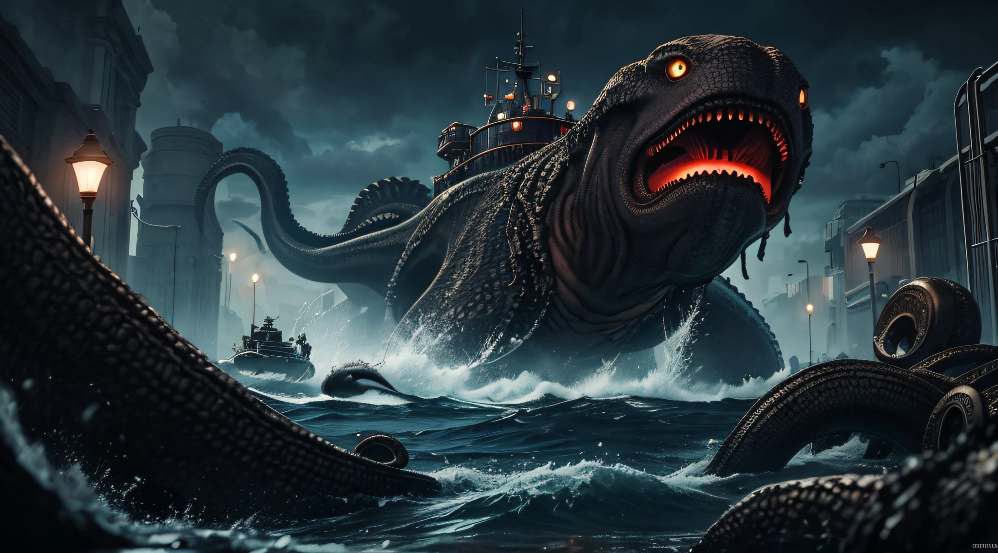 "Create an image depicting a secret government lab where the Kraken is being genetically engineered."