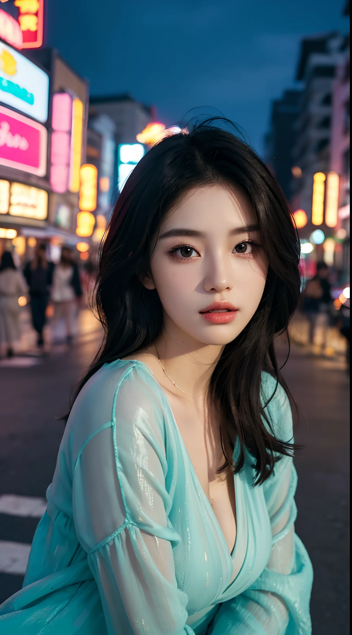 (Best quality,16k,A high resolution,Masterpiece:1.2),Ultra-detailed,(Realistic,Photorealistic,photo-realistic:1.37),Korean fashion beauty,Japanese and Korean beauties,cute and innocent,Detailed eyes and face,beautiful detailed lips,White teeth,Long eyelashes,slimification,fashionable in dressing,Plump upper circumference,Large breasts,(Lovely,Charming:1.1),Colorful street background,Stylish clothes and accessories,Portrait style photography,Vivid colors,Street lights.