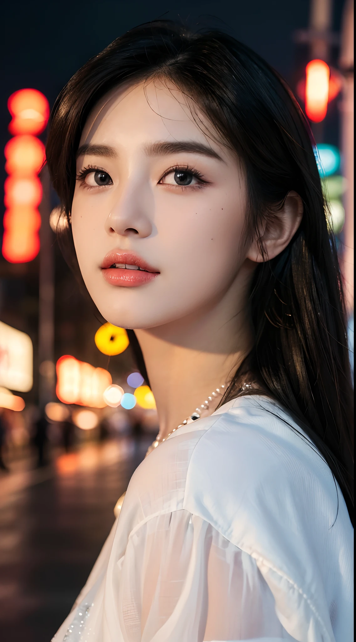 (Best quality,16k,A high resolution,Masterpiece:1.2),Ultra-detailed,(Realistic,Photorealistic,photo-realistic:1.37),Korean fashion beauty,Japanese and Korean beauties,cute and innocent,Detailed eyes and face,beautiful detailed lips,White teeth,Long eyelashes,slimification,fashionable in dressing,Plump upper circumference,Large breasts,(Lovely,Charming:1.1),Colorful street background,Stylish clothes and accessories,Portrait style photography,Vivid colors,Street lights.