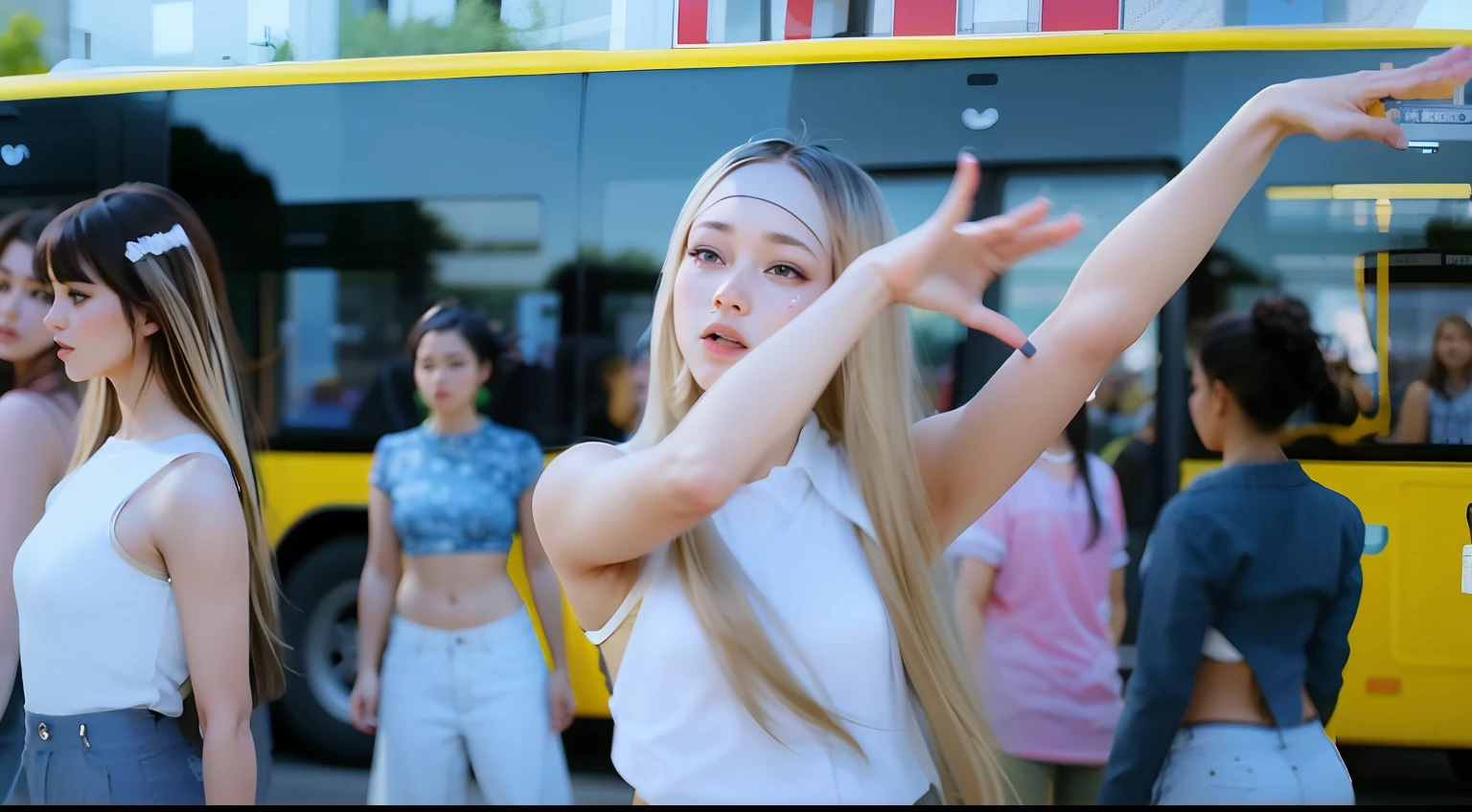 there are two girls that are dancing in front of a bus, music video, new jeans