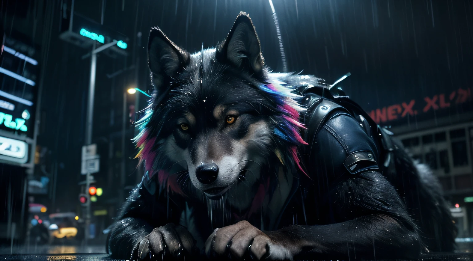 a picture、(Photorealsitic:1.4)、(hyper realisitic:1.4)、(Cinematic:1.5)、Big wolf、(Realistic wolves)、(High-quality eyes)、a dark night、(Heavy rain:1.5)、Wet、newyork、(colorful neon:1.5)、Skyscraper district、(Dark blue tones:1.5)、cyberpunked、Complex wiring