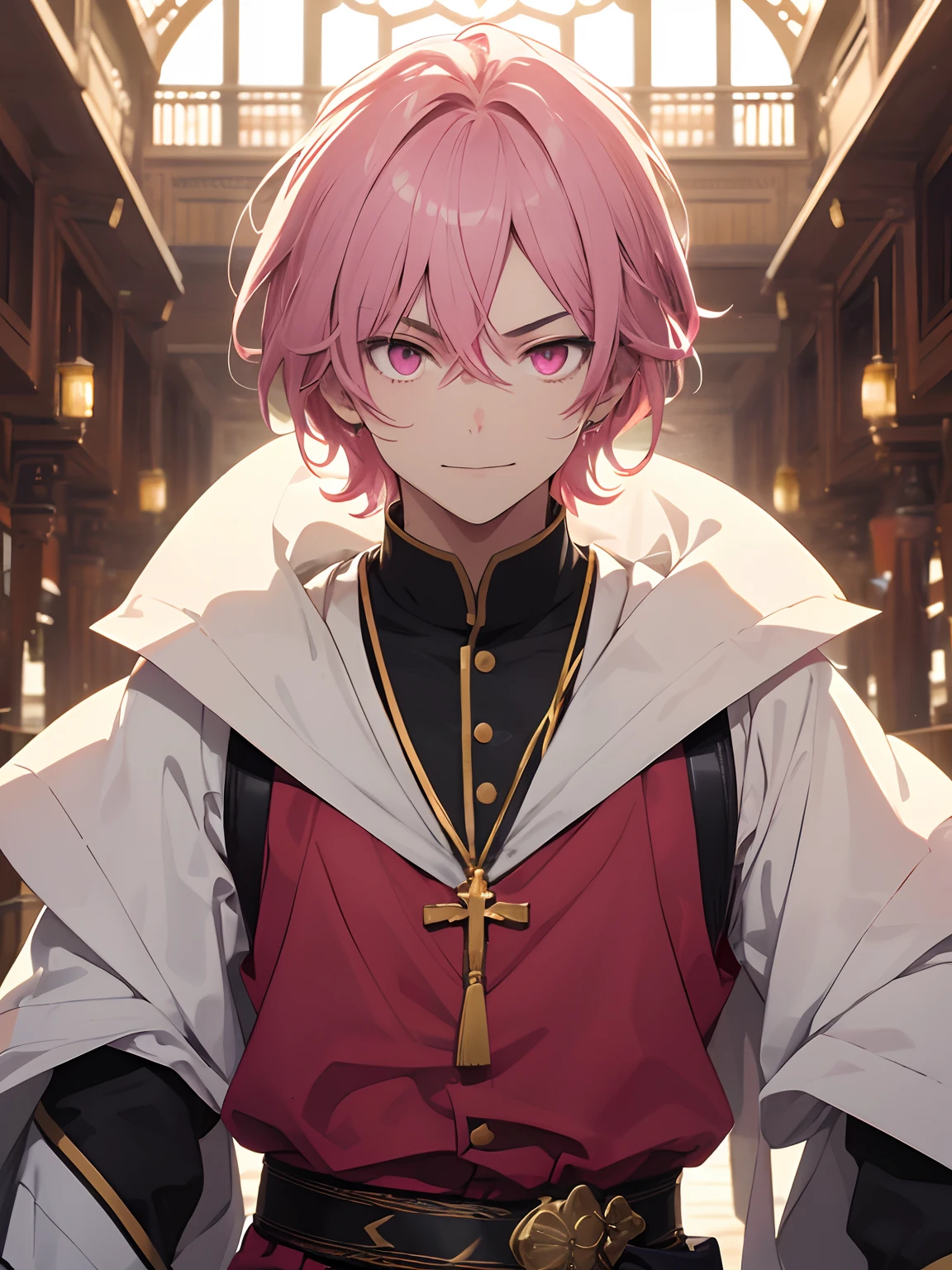 1man, solo, male focus, tmasterpiece, fantasy world, warm smile, handsome, pink hair, pink eyes, highest quality digital art, Stunning art, stunning art, wallpaper 4K, 8K, 16K, 32K, absurdres, highly detailed, anime masterpiece, serene expression, anime, best anime character design, looking at viewer, (((A handsome young))), ((Teenage:1.5)), (glow pink eyes), ((Eyes have light))，upper body only, fractal art, ,priest, bishop, archbishop, inside a temple, ray tracing,