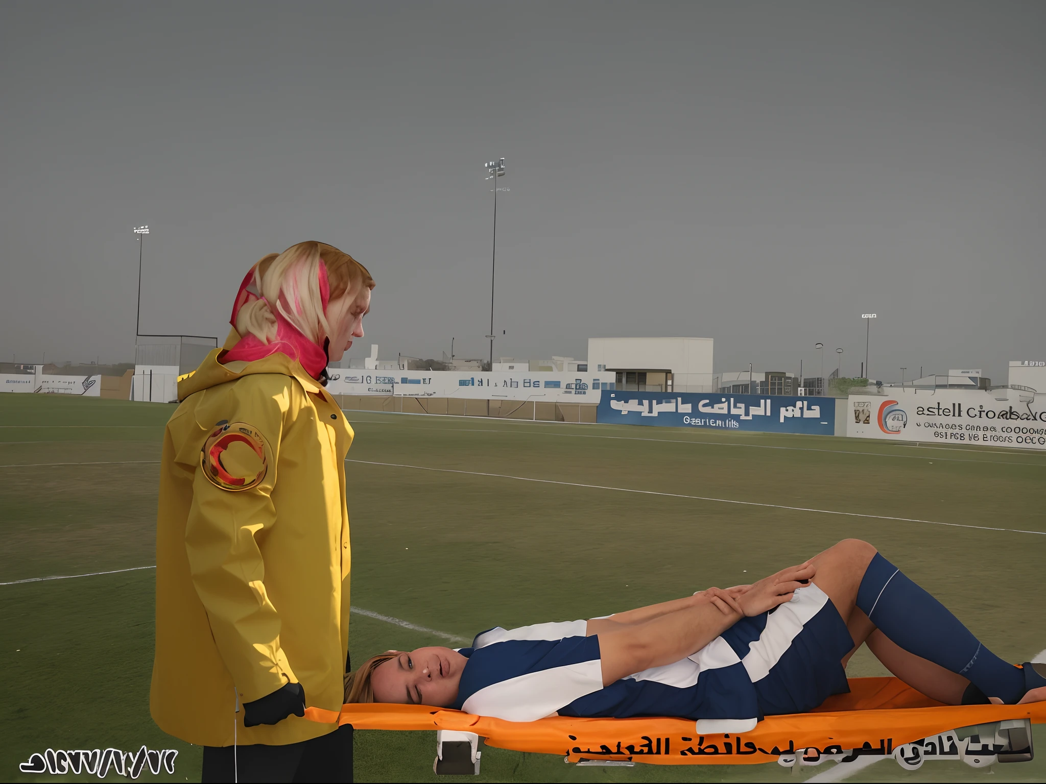 there is a man laying on a stretcher on a field, Photography of an injured sportsman on a stretcher being carried by a longhaired blond woman in a long black down coat, a young male soccer player in short sportswear is lying on his back on a stretcher and is grabbing his shin with his hands, hyperralistic, very realistic, ultrarealistic photorealistic, pgoto, photoreal, a young woman is wearing a high shine black downcoat and is holding a stretcher inside a sports stadium, a young madeup blond woman in a high-shine padded coat is shouting out for help and has a very sad and furious expression in her face, a sportsman is lying on a stretcher and has a very painful and suffering face, a young sportsman on a stretcher with a very painful expression in his face, dramatic action pose, sports accident, injury scene, theatralic pity pose, pity pityful, pain, a sportsman is lying on a stretcher and is crying in pain, a young madeup woman in a shiny coat is carrying a man on a stretcher inside a sports stadium, sports scene, stadium