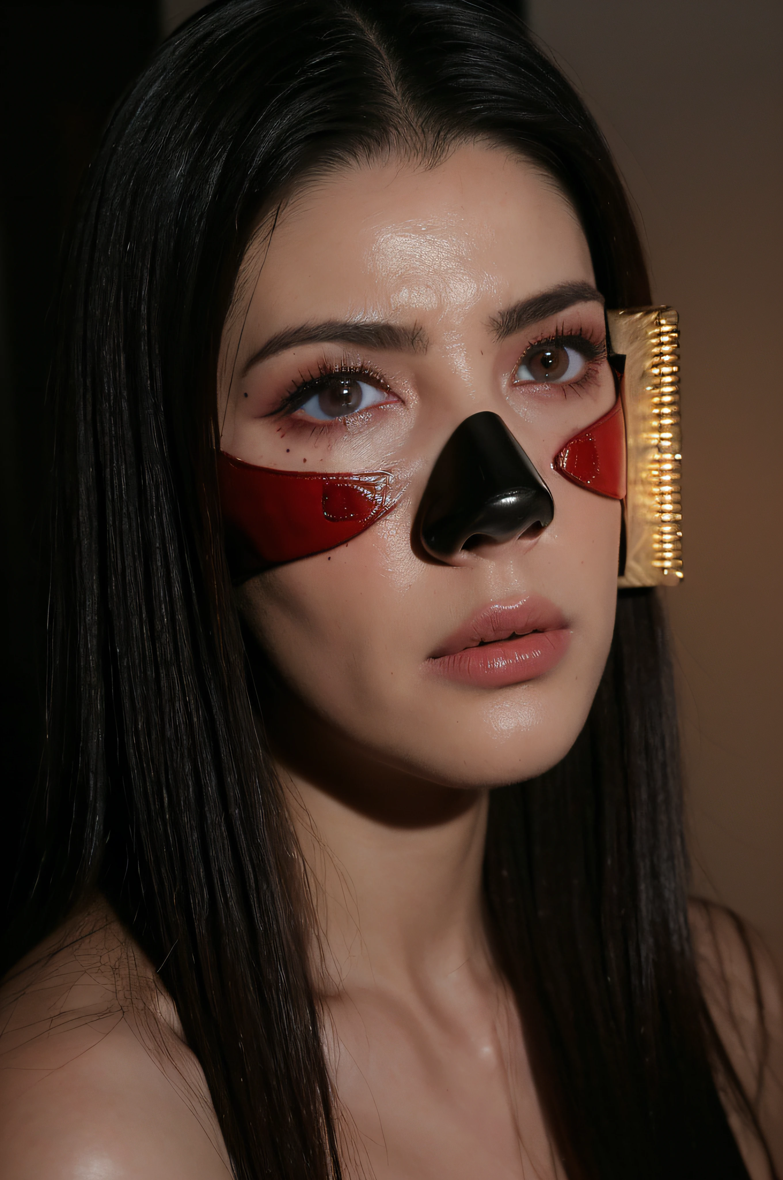 "(The best lighting, oscuro, dramatic),(Mujer, extranjero, Hellraiser, triste, Cicatrices, , sexy, cerebro, sangre, una rata dentro de la cabeza, Horror mask.),(ojos rojos, calaveras). morning light.