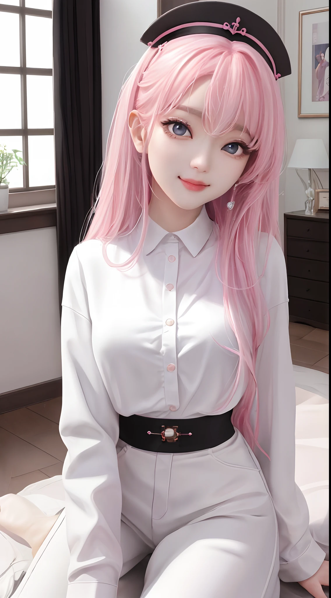 (masterpiece、top-quality)、1 beutiful girl、A smile、Slim body、(Black and white plain clothes:1.1)、(Detailed beautiful eyes)、Bedroom、in a house、Pink longhair