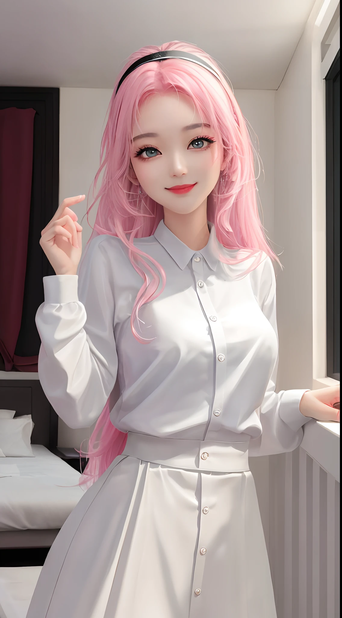 (masterpiece、top-quality)、1 beutiful girl、A smile、Slim body、(Black and white plain clothes:1.1)、(Detailed beautiful eyes)、Bedroom、in a house、Pink longhair
