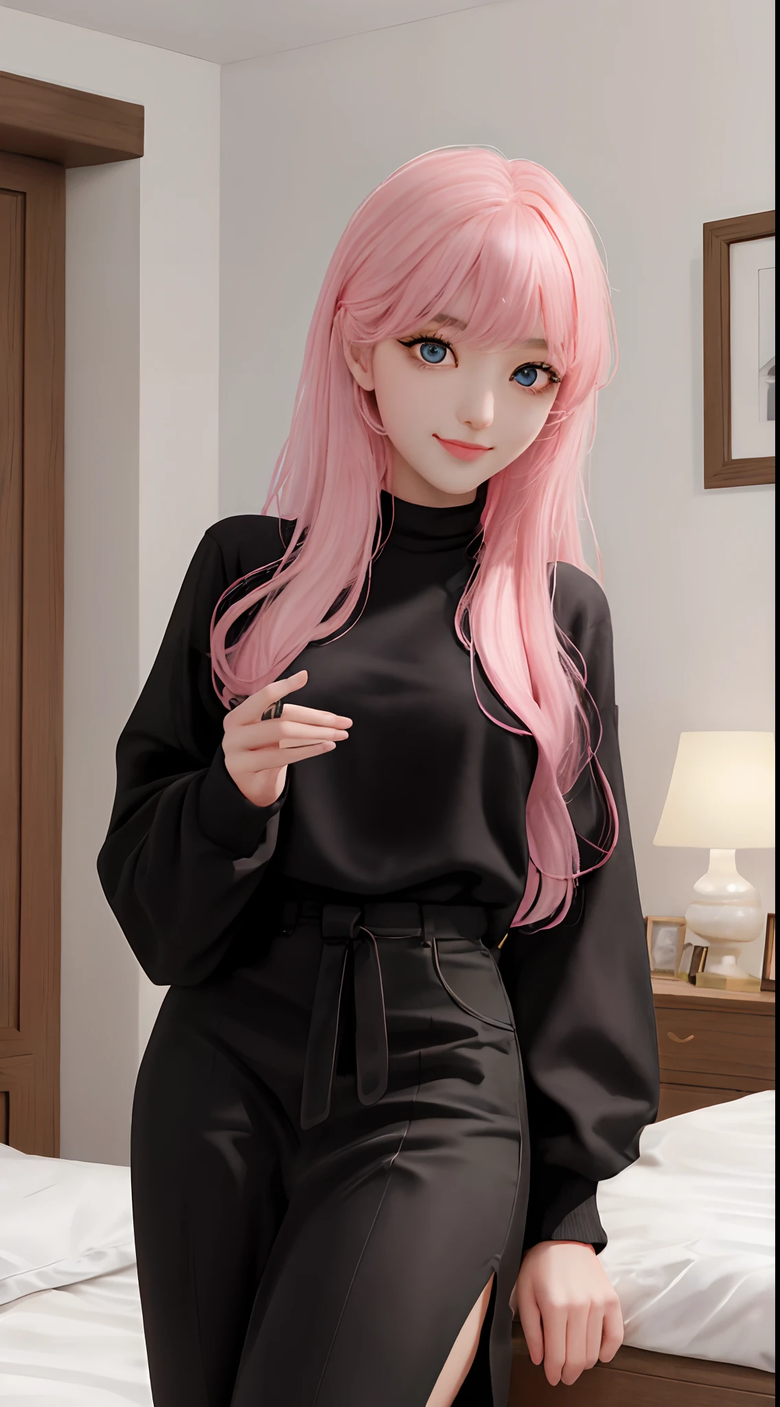(masterpiece、top-quality)、1 beutiful girl、A smile、Slim body、(Black and white plain clothes:1.1)、(Detailed beautiful eyes)、Bedroom、in a house、Pink longhair