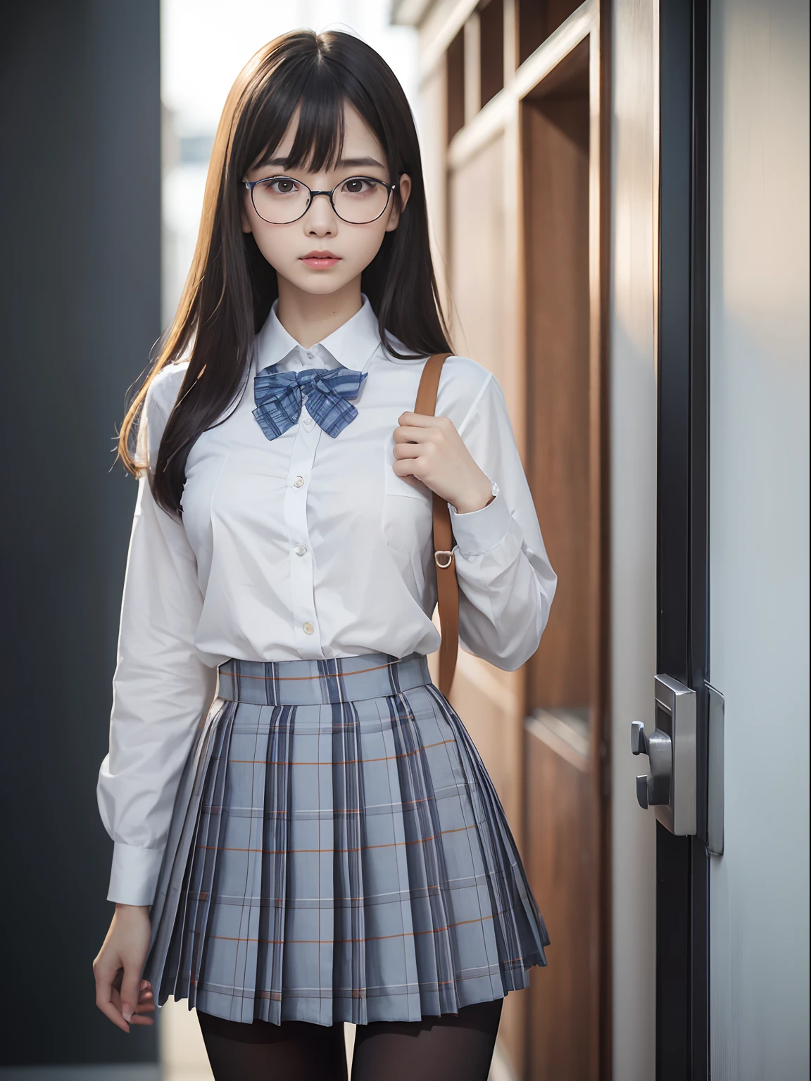 (Medium Hair),(Underwear is visible),(8K、Raw photography、top-quality、masterpiece:1.2),((small tits))、((small tits))、((small tits))、((small tits))、((small tits))、((A-cup))、((A-cup))、((A-cup))、((A-cup))、((A-cup))、Has a small、(flat breast)、(flat breast)、(flat breast)、(flat breast)、(flat breast)、(being thin)、Rasping,glamor,Chromo-white skin,cocky,School,watching at viewers,Looking at the front,Muchimuchi,High-pitched clothing,Erotic,Pupils,de pele branca,kne,((Black pantyhose)),absurderes,a small face,,Forehead visible,Bangs hanging from the left and right sides of the forehead,(a cold expression,Tight eyes,glares,Bullish,irate)、masterpiece,top-quality、超A high resolution,Raw photo,ren,Beautiful fece,One Person, 独奏,eye glass,,Dark look,Small breasts,fullllbody,Round glasses,JK school uniform,hi-school girl,A Japanese Lady,is standing,(Photorealsitic:1.37)、Photon mapping,Realistic、Beautie,Cute little face,Brown-eyed、Black socks、(Red bow tie)、Radio City、Physically Based Rendering、depth of fields、Blurry background、a picture,Body,beauty legs, Long legs, Thin leg,(Bangs are visible), hair, s lips, Blue_The eye, nosesoft,(Light blue shirt), (Navy and blue and white plaid pleated skirt), Knees are visible,Sheer clothing,, Thigh, Black cotton socks,Nogizaka Idol, 女優, Japanese ido