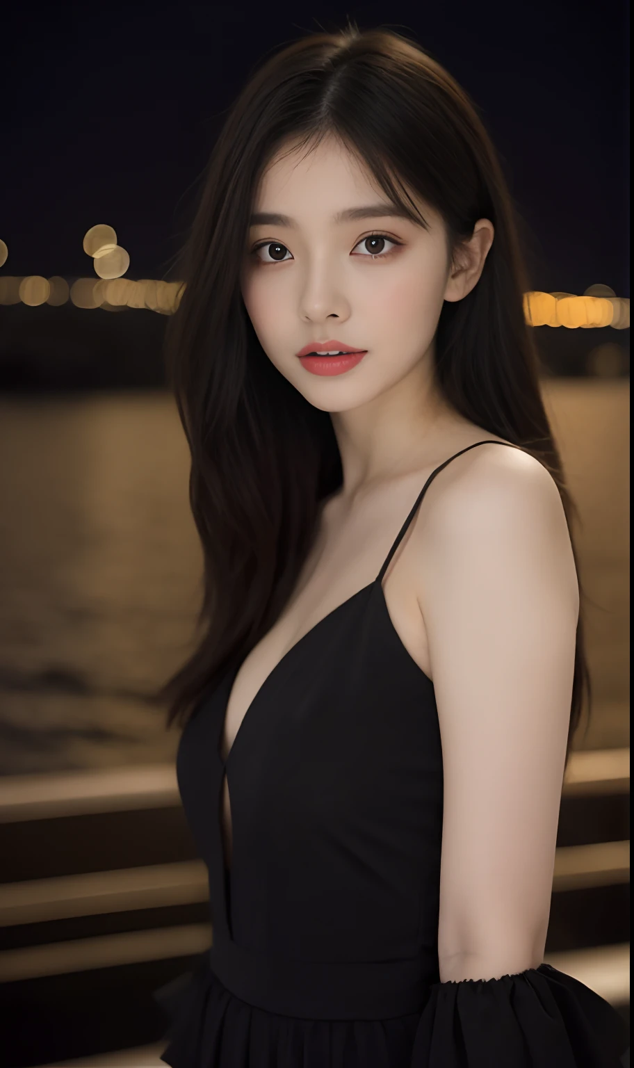 (Original photo of 8K,best qualtiy,tmasterpiece:1.2),(Medium view),the night,Night on a yacht,Sea and night view in the background,best qualtiy,tmasterpiece,(Small mouth:1.2),short- sleeved,short- sleeved,short- sleeved,short- sleeved,an extremely delicate and beautiful one,,astounding,finely detailled,tmasterpiece,Best quality at best,(age 22:1.2),Narrow waist,Slim,is shy,Pure,adolable,Bushy hair,Soft hair,big breasts beautiful,A detailed eye,(long whitr hair:1.2)