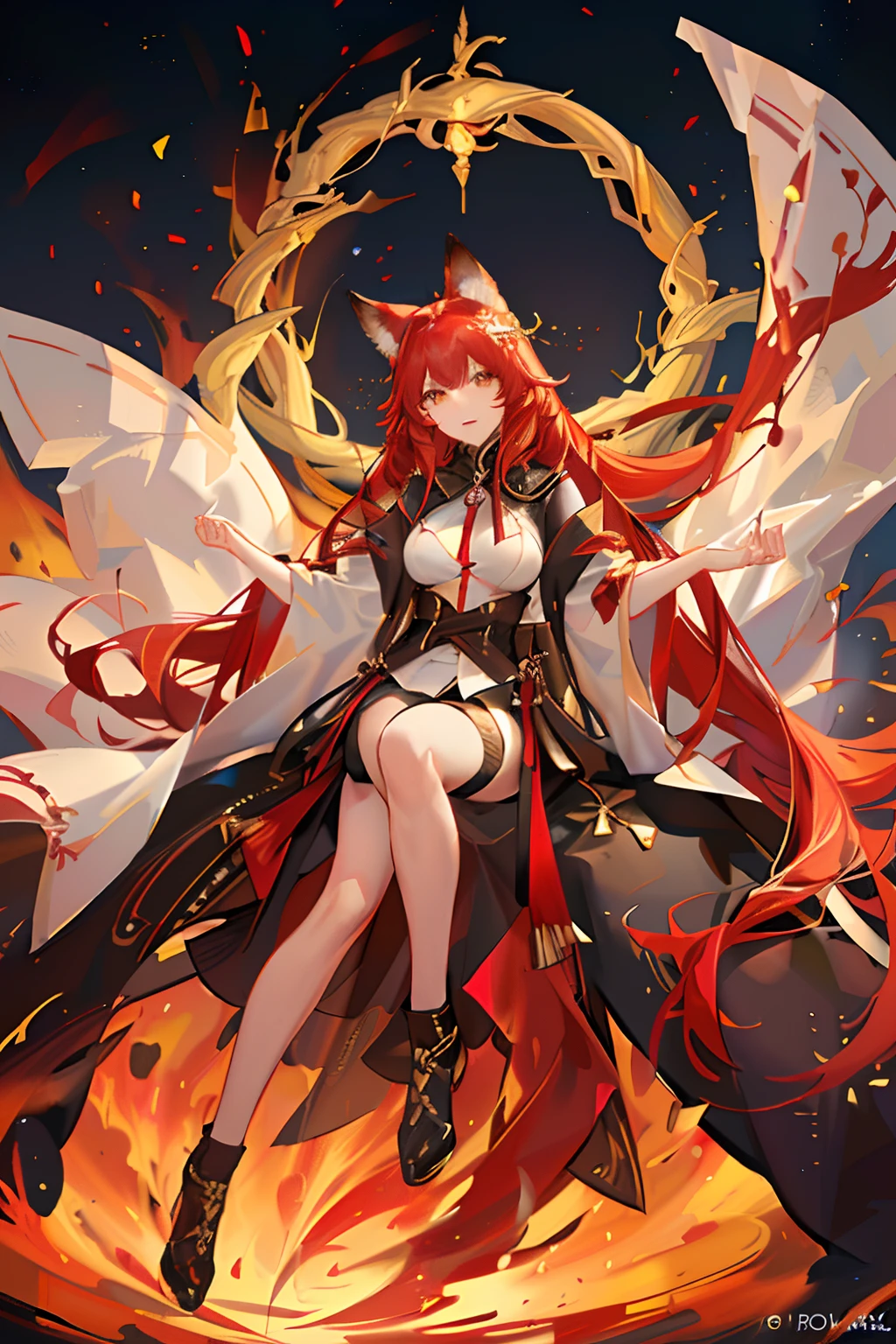 Red long-haired，Red fox ears，Golden eyes，火焰