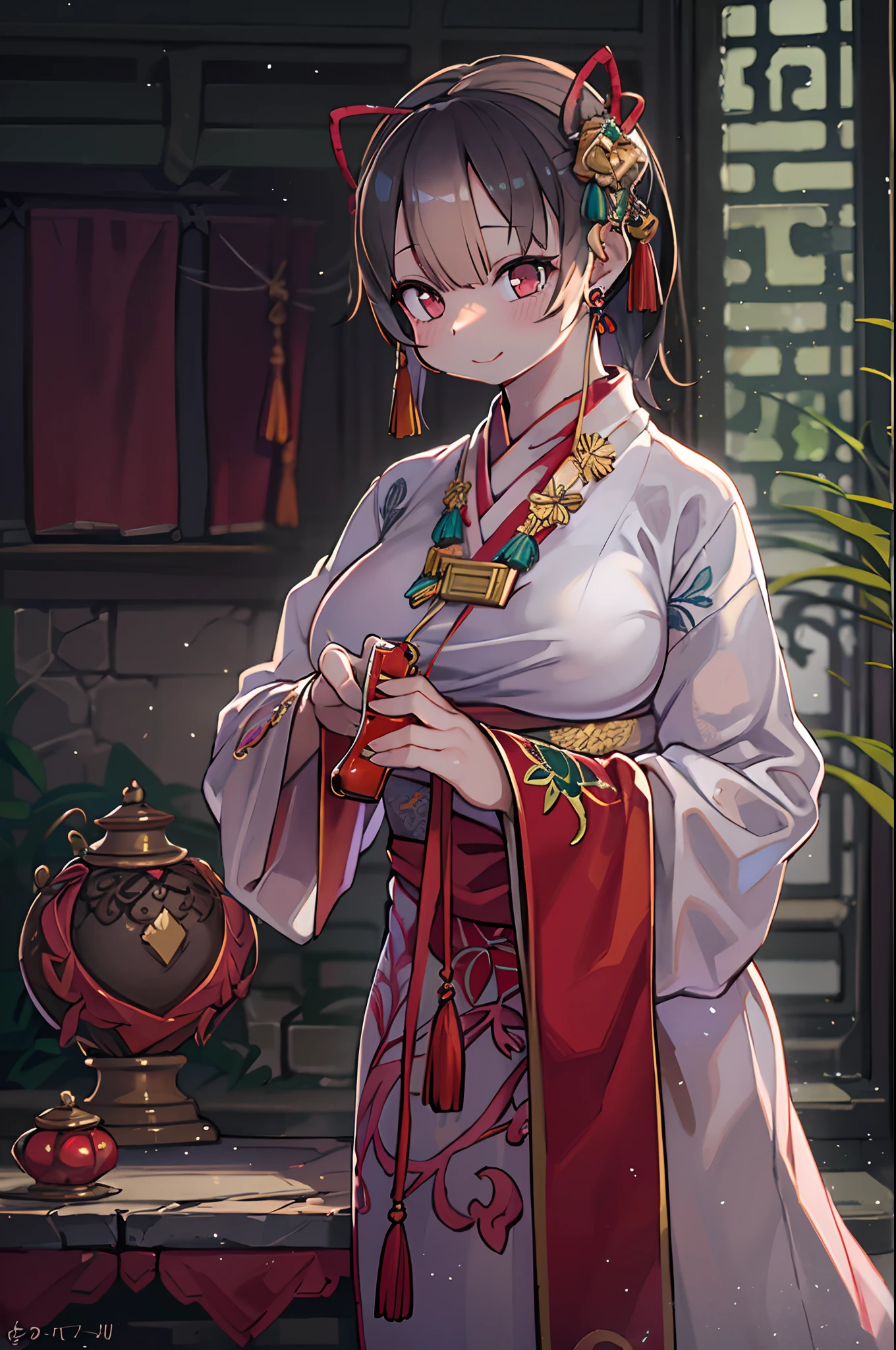 Best Quality, masutepiece, hight resolution, 1girl in, china hanfu,Background of Chinese Architect, red scarf, Hair Ornament,Necklace, Jewelry,Beautiful face,Inserting a into the_Body, Tindall Effect,Photorealistic, Dark Studio, Rim lighting, two tone lighting,(High detailed skin:1.2), 8K UHD, Digital SLR, Soft lighting, High quality, Volumetric lighting, Candid, photograph, High resolution, 4K, 8K, Bokeh,Red china clothes