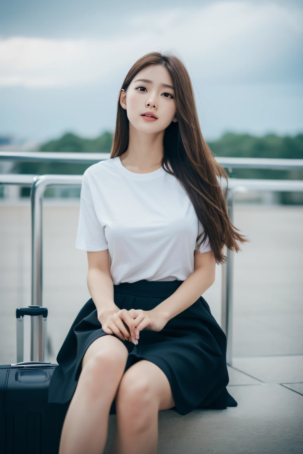 top-quality,Woman sitting in suitcase,beautiful countenance,Colossal tits,white t-shirts,long legged,JINS,Looking at the sky,semi long hair,