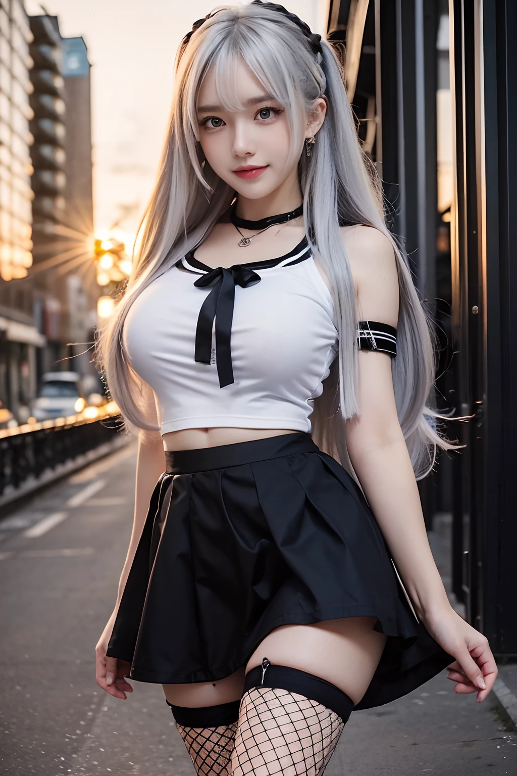 masterpiece, best quality, sunset, cityscape, real, huge_filesize, everyone, girl, long hair, white hair, wavy hair, beautiful detailed eyes, medium breasts, seifuku, shorts under skirt, fishnet pantyhose, earrings, pendant, shackles, chains, light smile, miniskirt,