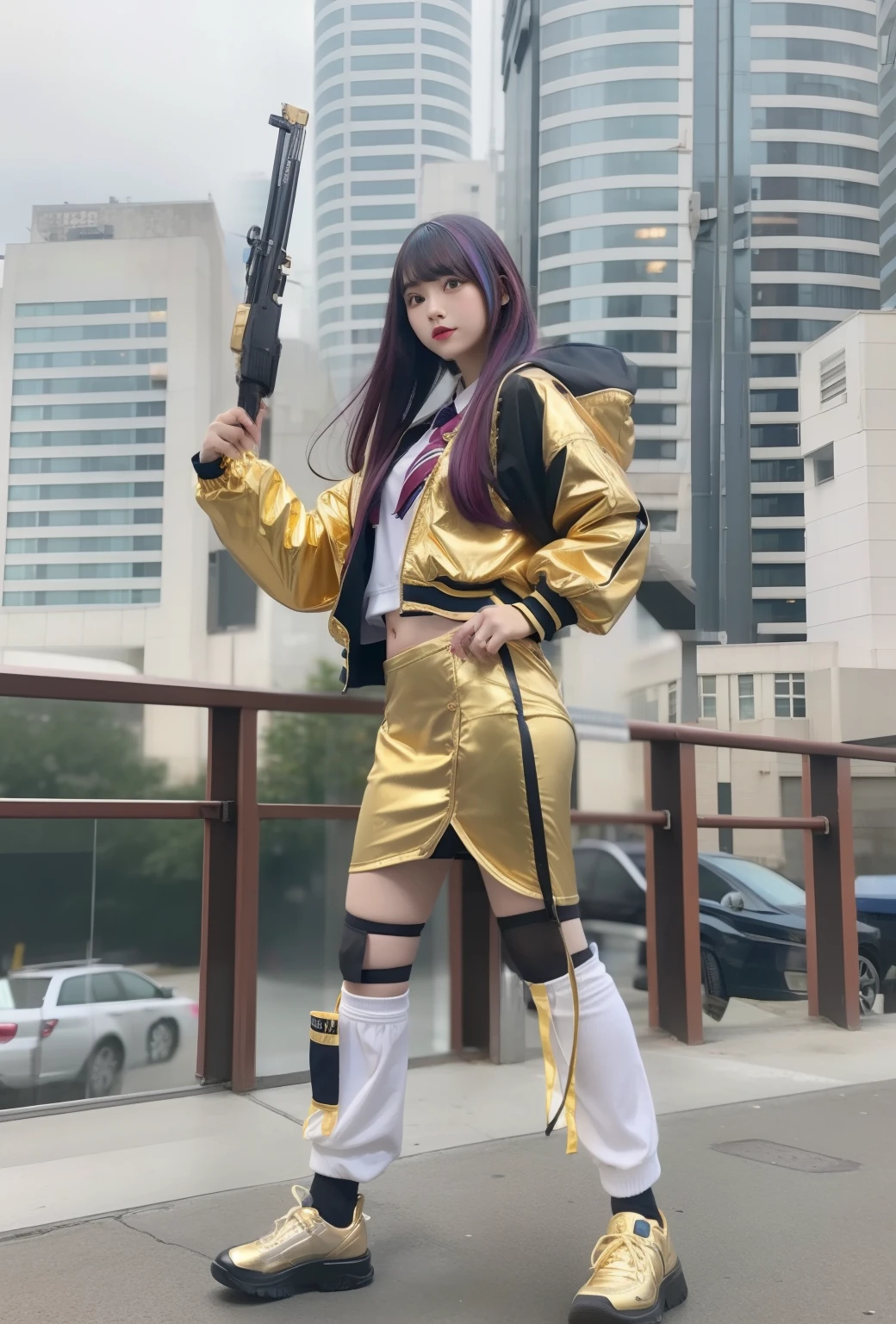 Cyberpunk girl、large full breasts、beautiful foot、Colorful hair、、Good Style、Glossy golden uniform、School Uniforms mini Skirt、Loose socks、Cute look、Gold Track Jacket