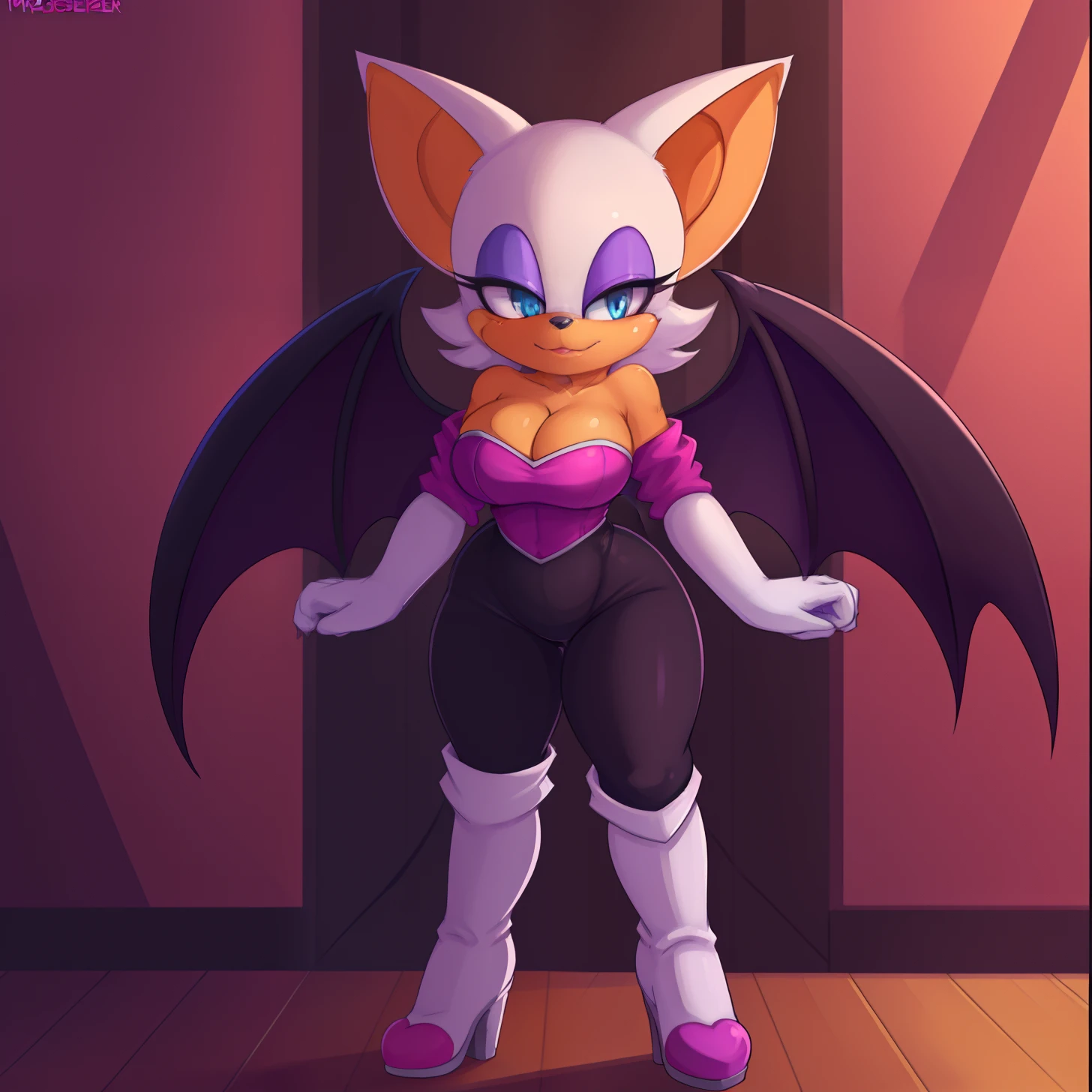 [rouge the bat], [Uploaded to e621.net; (Pixelsketcher), (twistedterra), (napalm_express)], ((masterpiece)), ((solo portrait)), ((sexy)), ((furry; anthro)), ((detailed fur)), ((beautiful artwork)), ((detailed shading)), ((beautiful render art)), ((intricate details)), {anthro bat; (beautiful woman's body), (orange and white fur), black nose, big ears, beautiful blue eyes, (purple bat wings), (seductive gaze)}, {(cleavage), (black spandex tights), (white knee high boots)}, {(attractive pose)}, [background; (museum), (dark room), (red glowing ruby)]