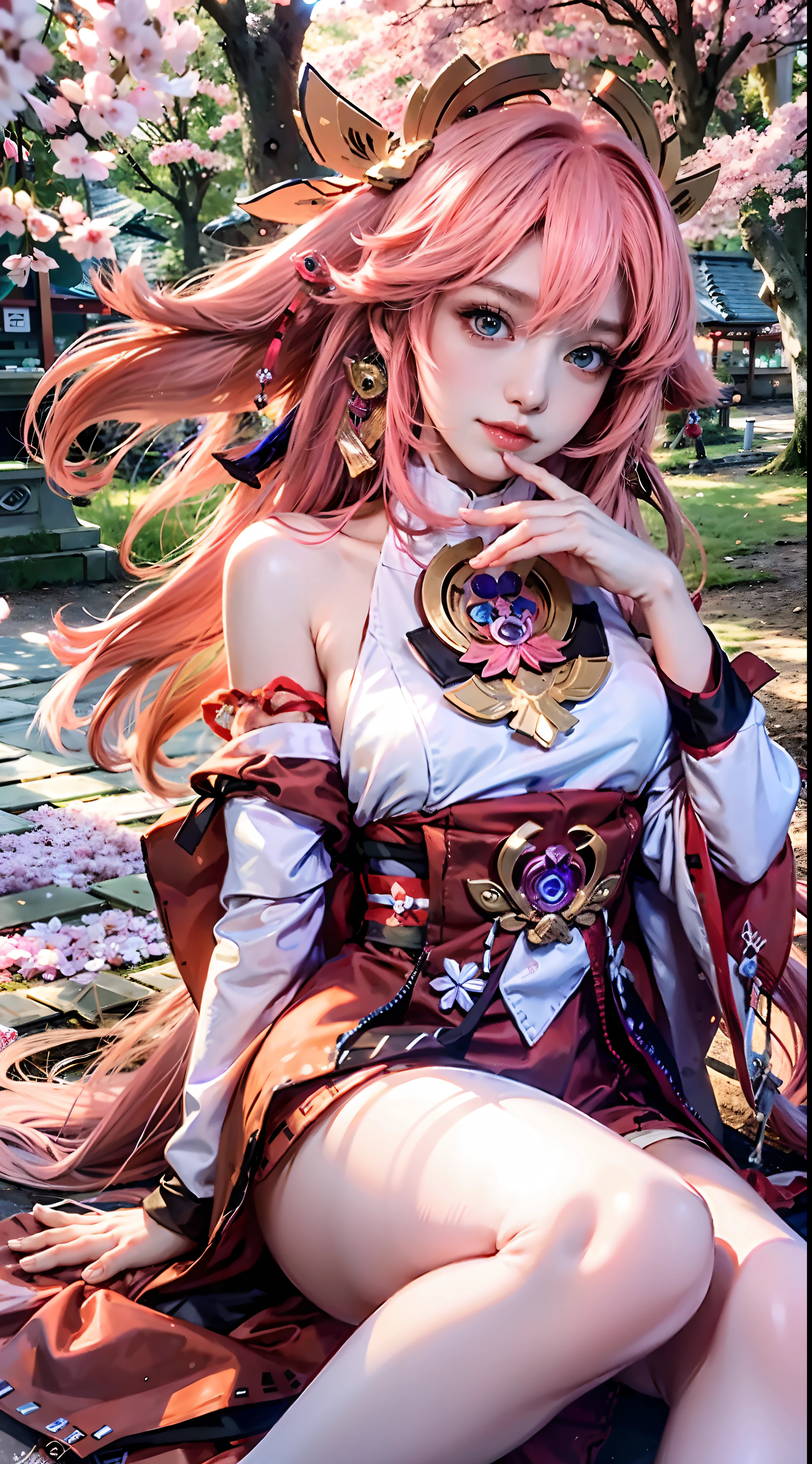 Anime girl poses on cherry blossom ground in pink dress, Kokiyo from Genshin Impact, Nakari from Genshin Impact, Barbie in white stockings, from Azure Lane video game, Ki no Sakura, popular on CGSTATION, Ayaka Genshin Impact, Ayaka Game Genshin Impact, girl sitting, half lying down