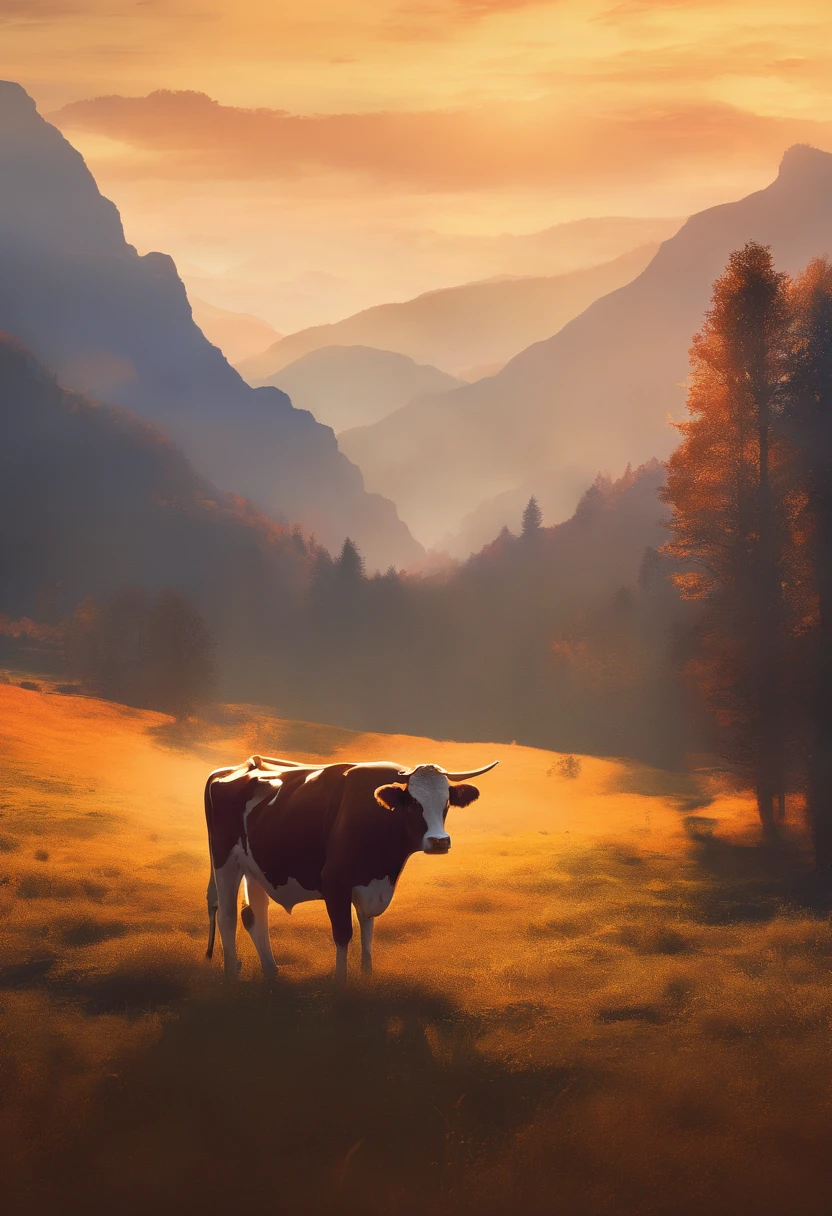 (a stunning shot),lone cow, detailed fur, majestic horns, peaceful gaze, breathtaking landscape, vibrant colors, natural lighting, high-resolution, captured moment, National Geographic style, cow's silhouette, golden hour, serene atmosphere, picturesque scenery
