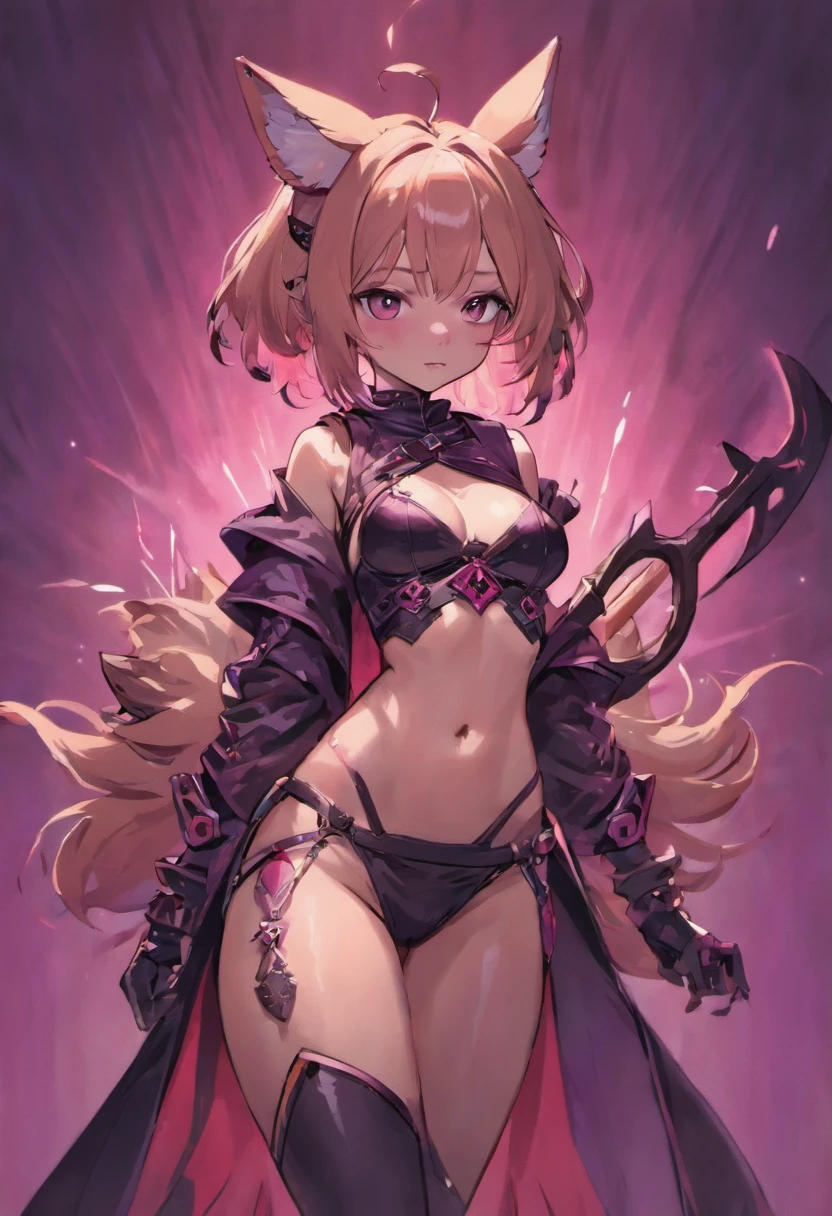 brown skin girl. Her figure, busty, curvy, proper direction, bunny ears, cat tail, Magenta hair color, dark magenta eyes, brown skin, sword in hand, large ragged cloth like cape wrapped around waist, chest armor, gauntlet, black long sleeve shirt under armor, chest armor, hoodie, properly drawn sword, magic sword, cloth wrapped around her waist, properly drawn sword in hand, bunny ears, cat's tail digital painting, digital illustration, extreme detail, digital art, goth, pastel goth, eyeliner, tattoo.