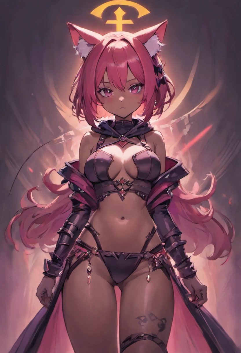 brown skin girl. Her figure, busty, curvy, proper direction, bunny ears, cat tail, Magenta hair color, dark magenta eyes, brown skin, sword in hand, large ragged cloth like cape wrapped around waist, chest armor, gauntlet, black long sleeve shirt under armor, chest armor, hoodie, properly drawn sword, magic sword, cloth wrapped around her waist, properly drawn sword in hand, bunny ears, cat's tail digital painting, digital illustration, extreme detail, digital art, goth, pastel goth, eyeliner, tattoo.