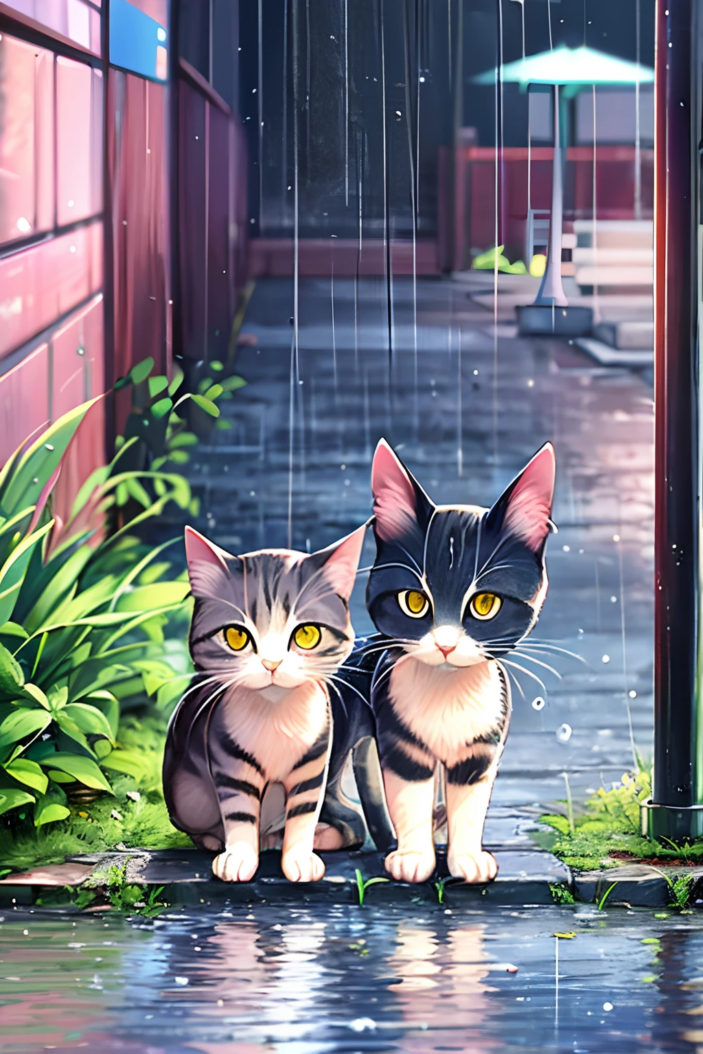 A stray cat，Super food under poles，raining day，water bloom，standing water