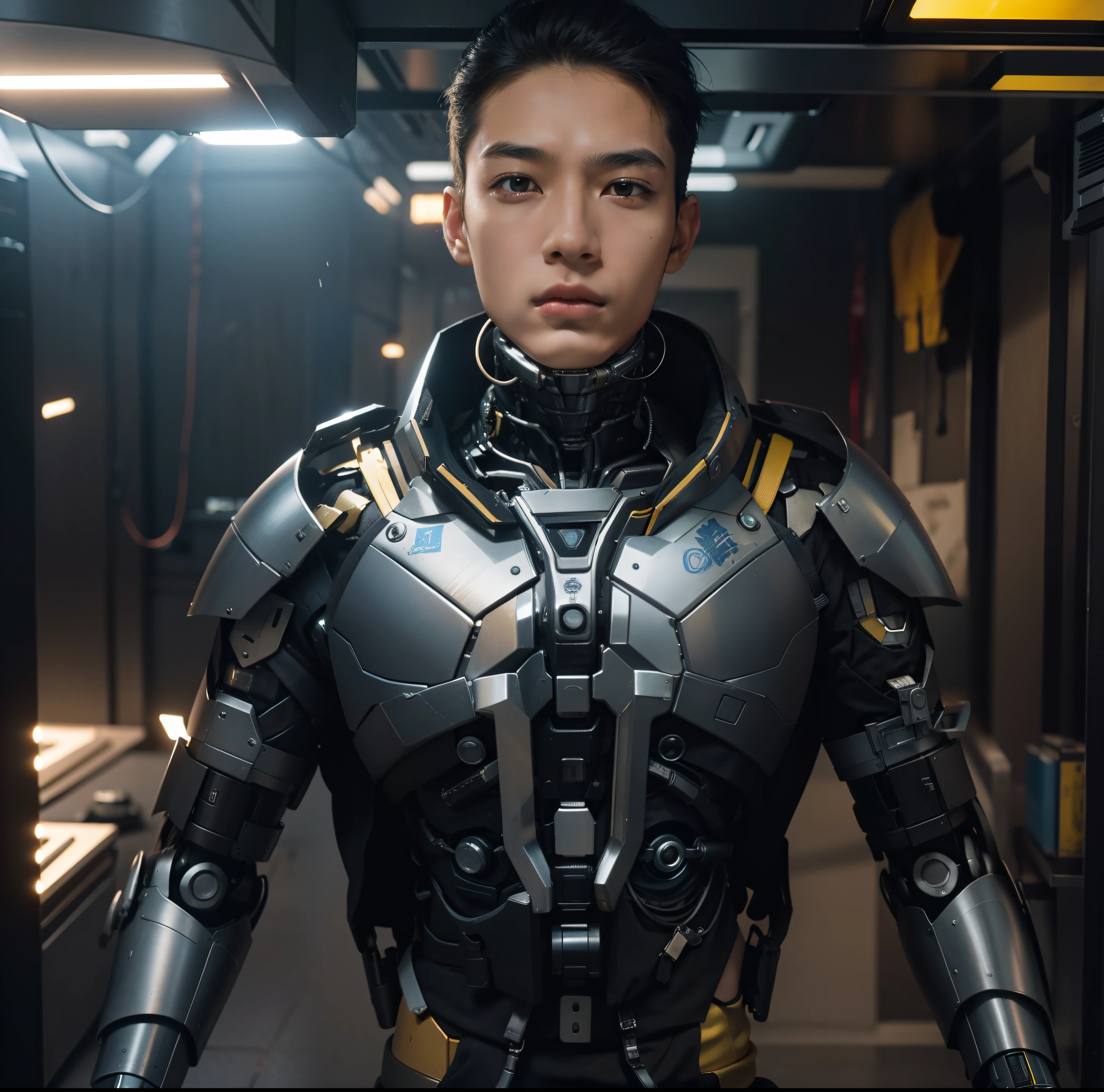 19 Years old Male wearing a black Samurai Robot armor, Full Metal body, ,Male, Iron garments:1.5),(Metallic body, cybernetic neck implant, portrait of a futuristic robot armor:1.3)(dystopian sci-fi character, sci - fi character, portrait of a cyberpunk cyborg:1.2)(8K,Extreme detail,Hair in extreme detail, Brown Skin, Ultra photo realsisim),(cinmatic lighting: Blue and yellow),