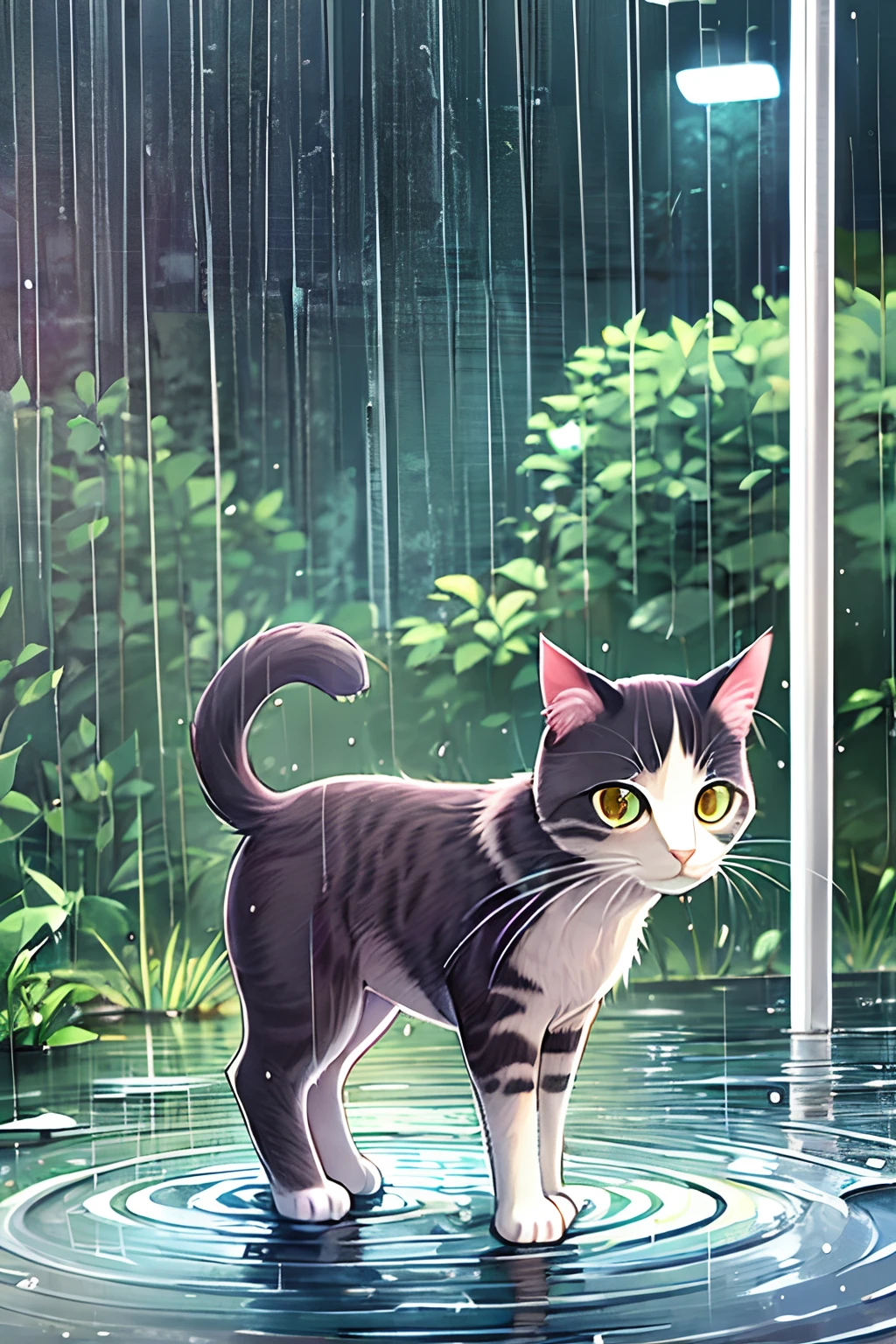 A stray cat，Super food under poles，raining day，water bloom，standing water