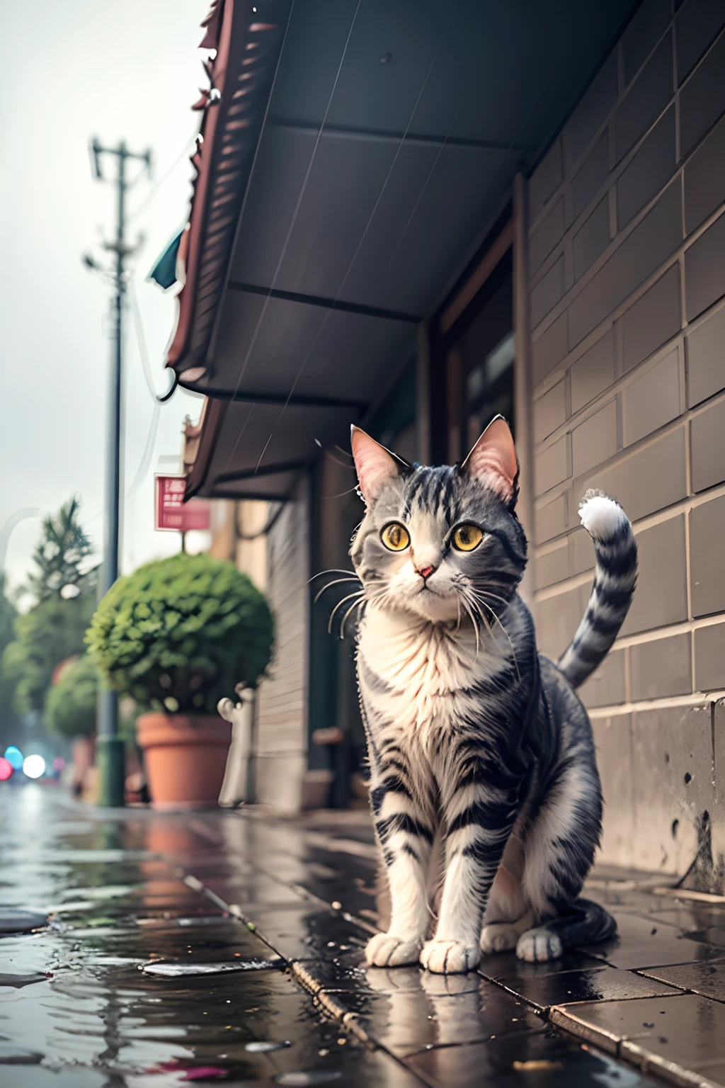 A stray cat，Superfood under the pole，raining day，water bloom，standing water