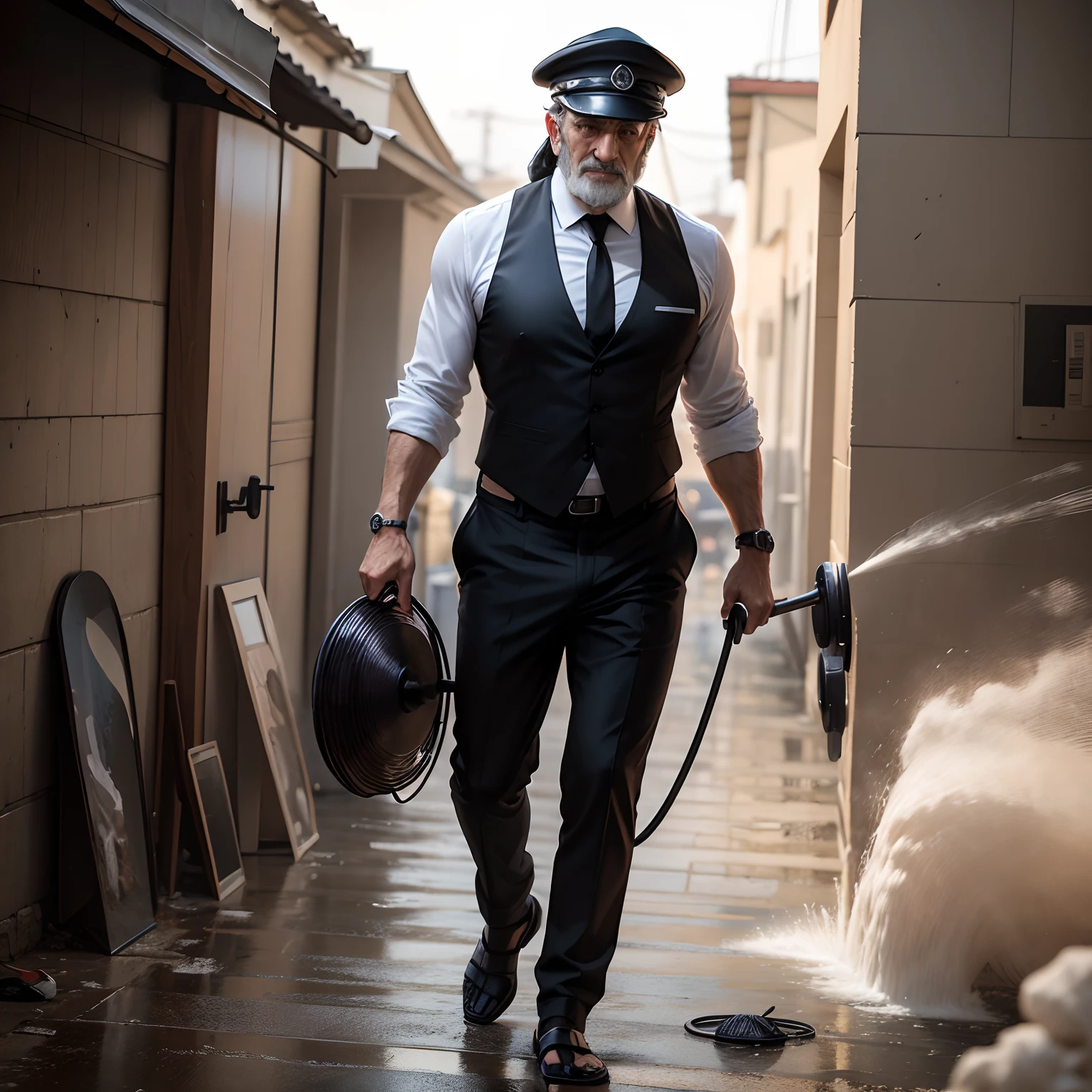 Create the image of a Lebanese man, wearing black pants, black sandals, a white long-sleeved shirt, a black vest, a typical Lebanese hat, approximately 50 years old, weighing about 150 kilos, holding a sponge in his left hand and a sponge in his right hand. hose from a jet washer, where he is washing a luxury sedan car, a more cartoonish image
