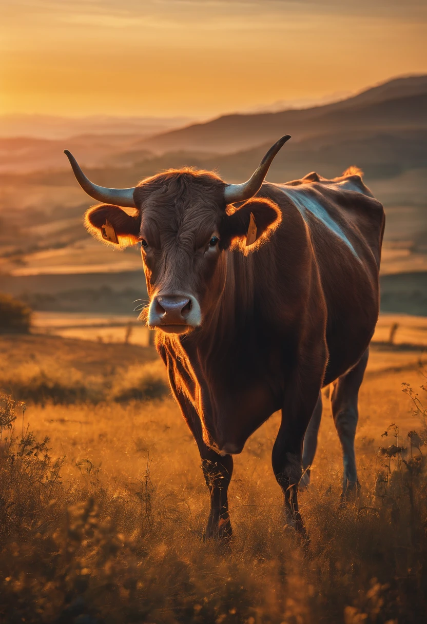 (a stunning shot),lone cow, detailed fur, majestic horns, peaceful gaze, breathtaking landscape, vibrant colors, natural lighting, high-resolution, captured moment, National Geographic style, cow's silhouette, golden hour, serene atmosphere, picturesque scenery