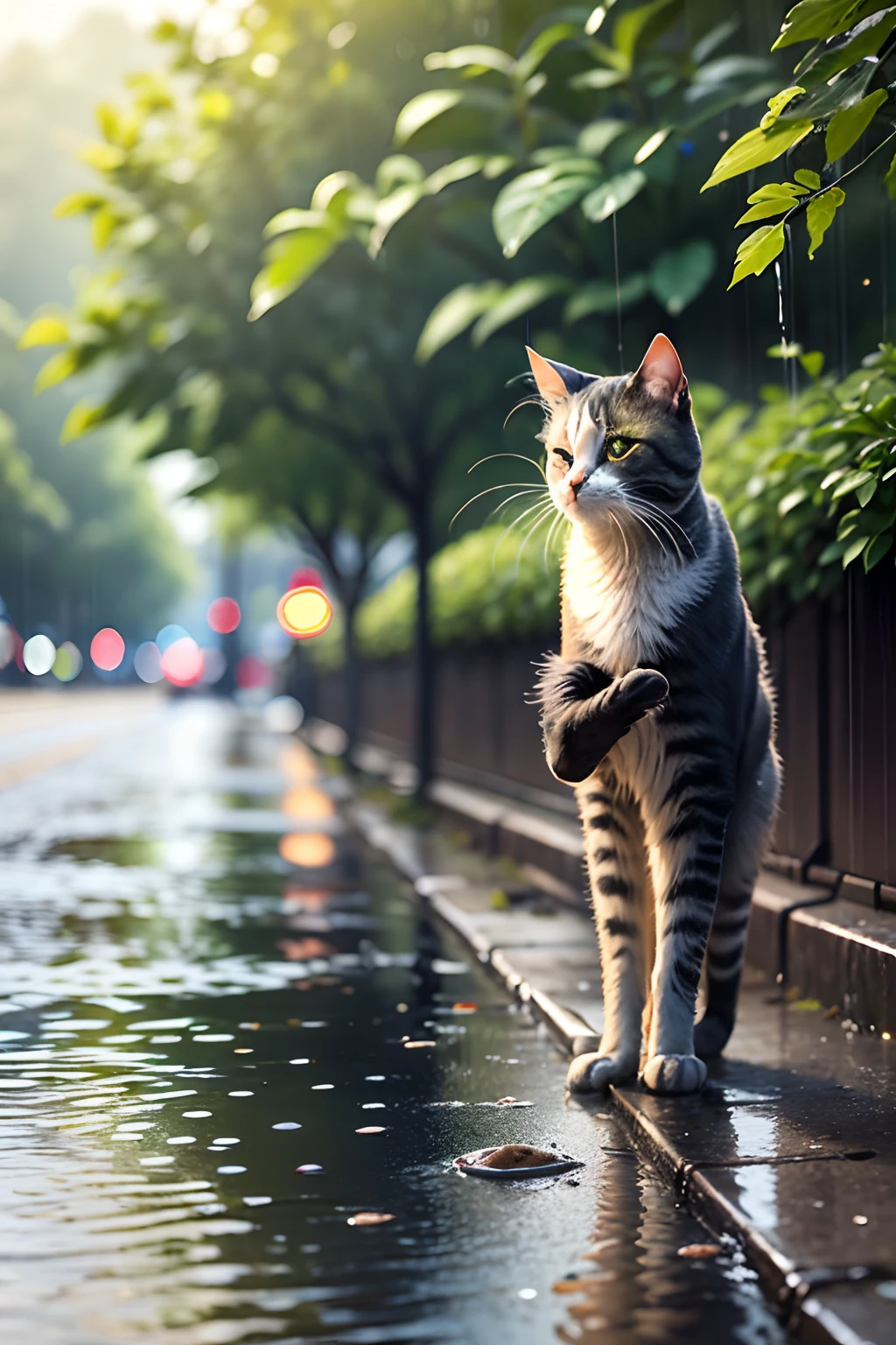 A stray cat,Superfood under the pole,raining day,water bloom,standing water