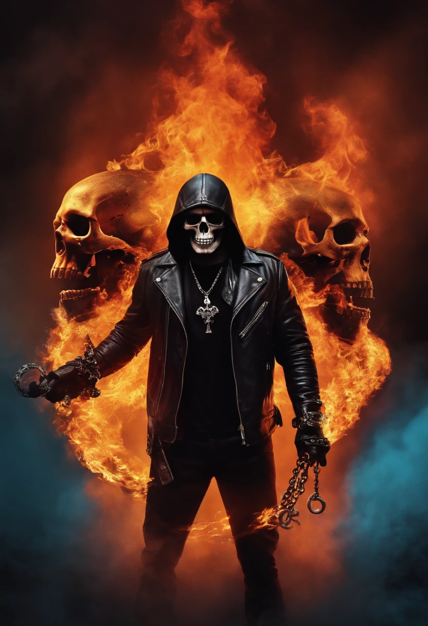 create the image of a scary full-length skull wearing black clothing with a backwards red cap and gold jewelry, smoking a cigarette while watching a Les Paul guitar on fire on the floor next to a nearly empty bottle of whiskey and a motorbike harley davidson, with a wooden house on fire in the background of the image giving a feeling of complete chaos