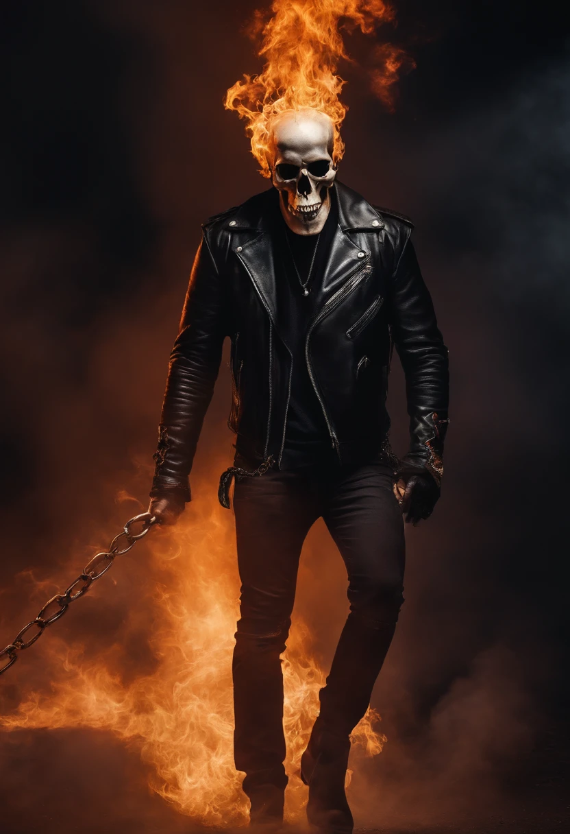 create the image of a scary full-length skull wearing black clothes and gold jewelry, playing a Les Paul guitar next to an almost empty bottle of whiskey and a Harley Davidson motorcycle, with a wooden house on fire in the background of the image giving a feeling of complete chaos