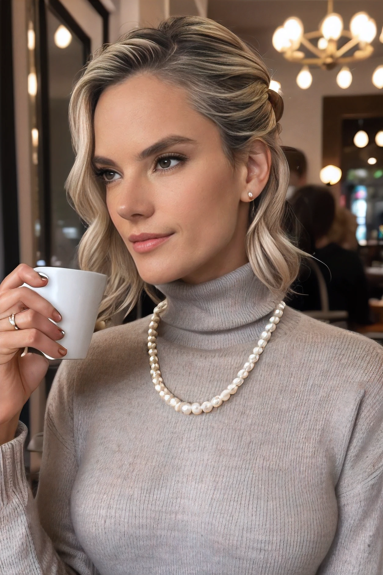 portait of a woman in a coffee shop, grey turtleneck sweater, pearl necklace, hair in bun, 8k, photoreal, woman 35 years old, blonde woman