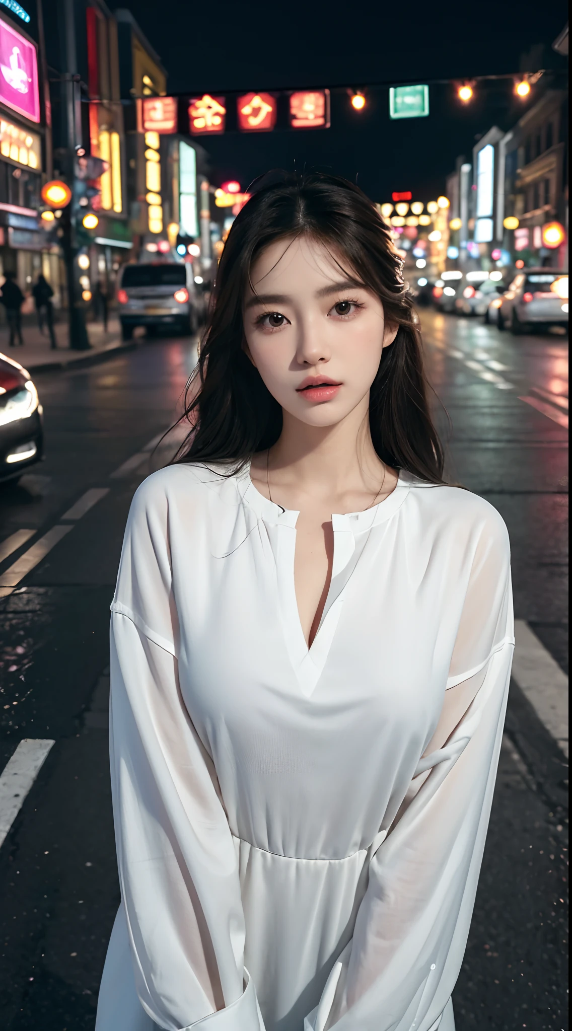 (best quality,16,000,high resolution,masterpiece:1.2),very detailed,(realistic,realistic,realistic:1.37),Korean Fashion Beauty,Japanese and Korean beauties,Cute and innocent,Eyes and face are detailed,beautiful and delicate lips,white teeth,long eyelashes,slime,The clothes are fashionable,shorts short skirts,plump upper circumference,big bust,split,(Beloved,sexy:1.1),colorful street background,stylish clothes and accessories,The texture of the clothes is soft,portrait style photography,vivid colors,Street lamp.
