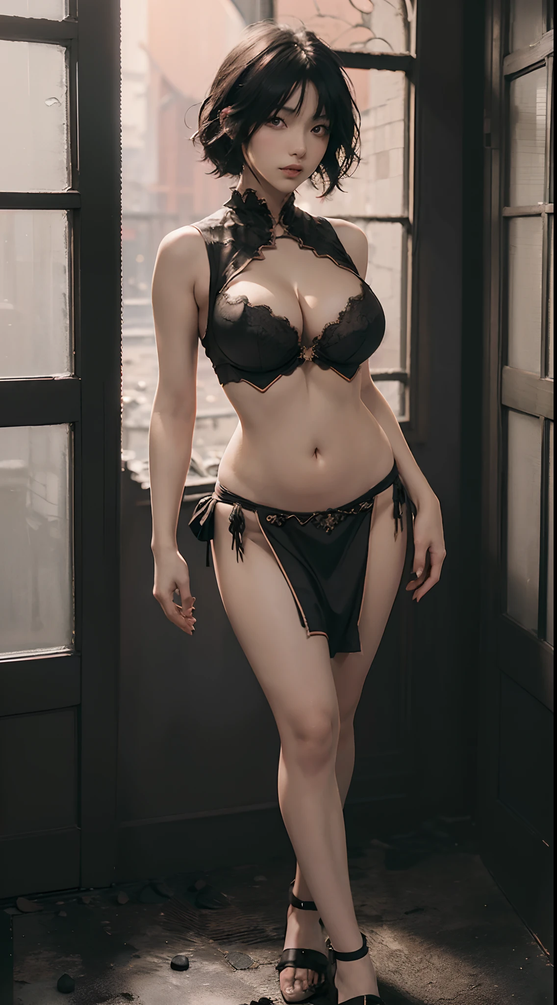 Back view,Realistic anime girl, woman, short hair,(( cleavage cutout, belly cutout, abdomen cutout, back cutout)),(black hairs), ((giant breasts)), full body, standing, greeting viewer,red moon in window background, hourglass figure, (((bra,loincloth))),((wide hips)),(( walking towards viewer))