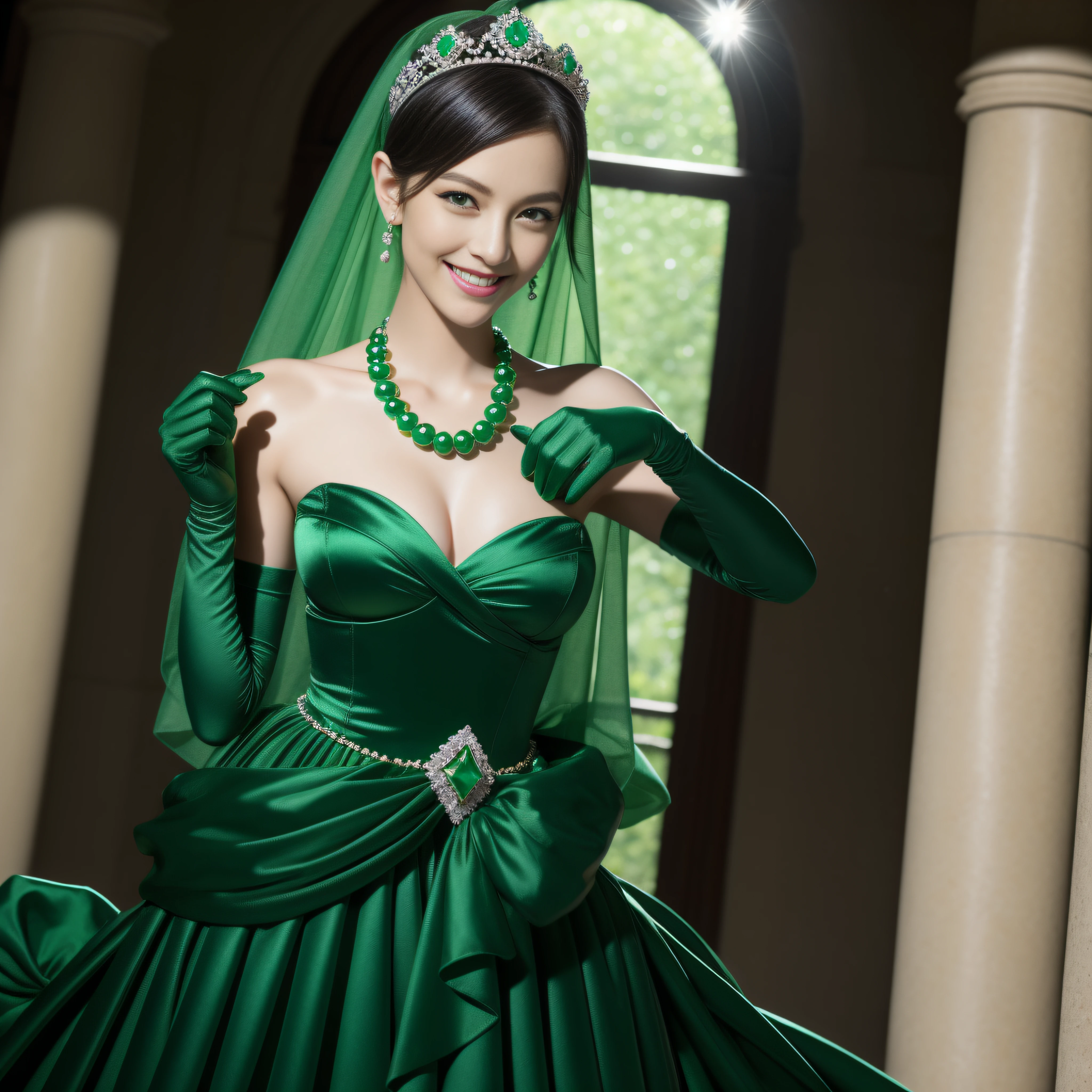 emerald tiara, Green Pearl Necklace, Boyish very short black hair, lipsticks, Japan woman smiling, very short short hair, big breasts beautiful, Green eyes, Long green gloves made of satin material, Green eyes, Emerald Earrings, Green eyes