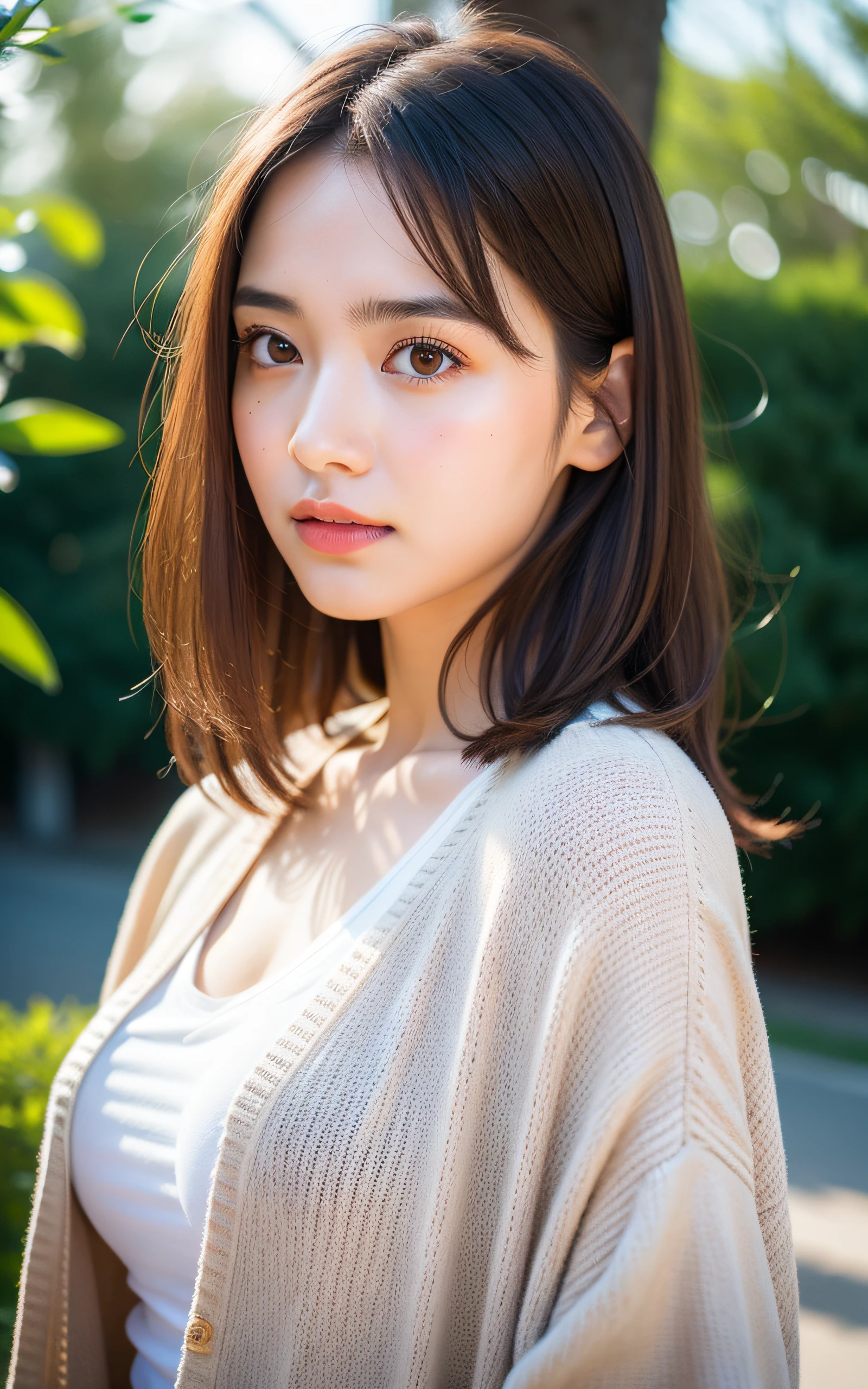 masterpiece, Best Quality, 8K, 1girl, Correct human hands, correct human fingers, japanese girl, face closeup, Cute, Girly, Delicate girl, Neat and clean beauty, medium breast, sexy lips, luminescence, Looking away, Raw photo, F/1.8, 135 mm, NIKON, Anatomically correct, bokeh,Textured skin, Professional Photography, Portrait, Soft light, Professional Lighting, back light, Film grain, (Eyes and faces with detailed:1.0), brown hair, medium hair swaying in the wind, T-shirt, cardigan