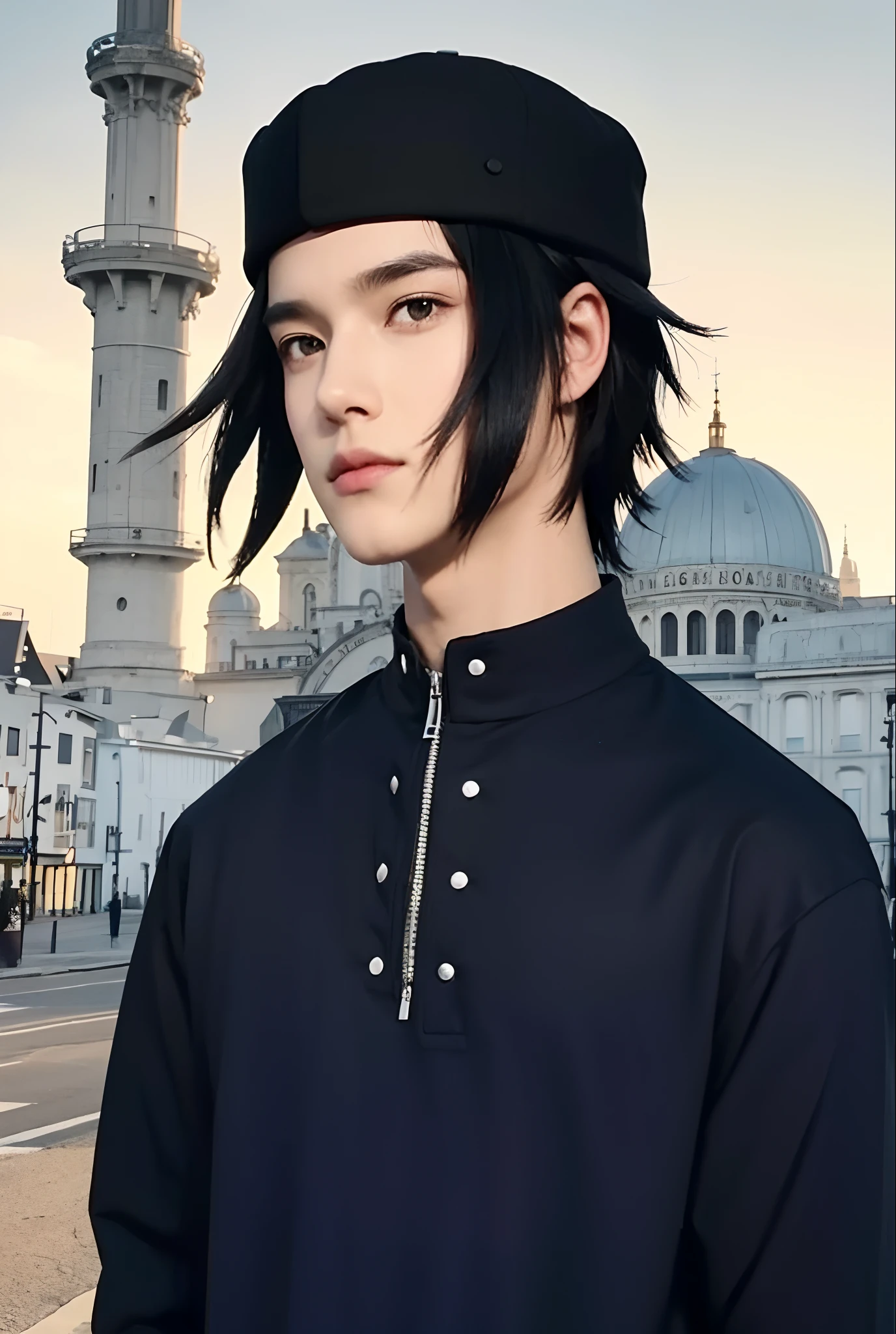Real life adaption of this character,teen handsome man,Wearing a black cap, wearing realistic outfit, realistic black hair, realistic background, hyper realistic, realistic light, realistic shadow, realism,(photorealistic:1.2)