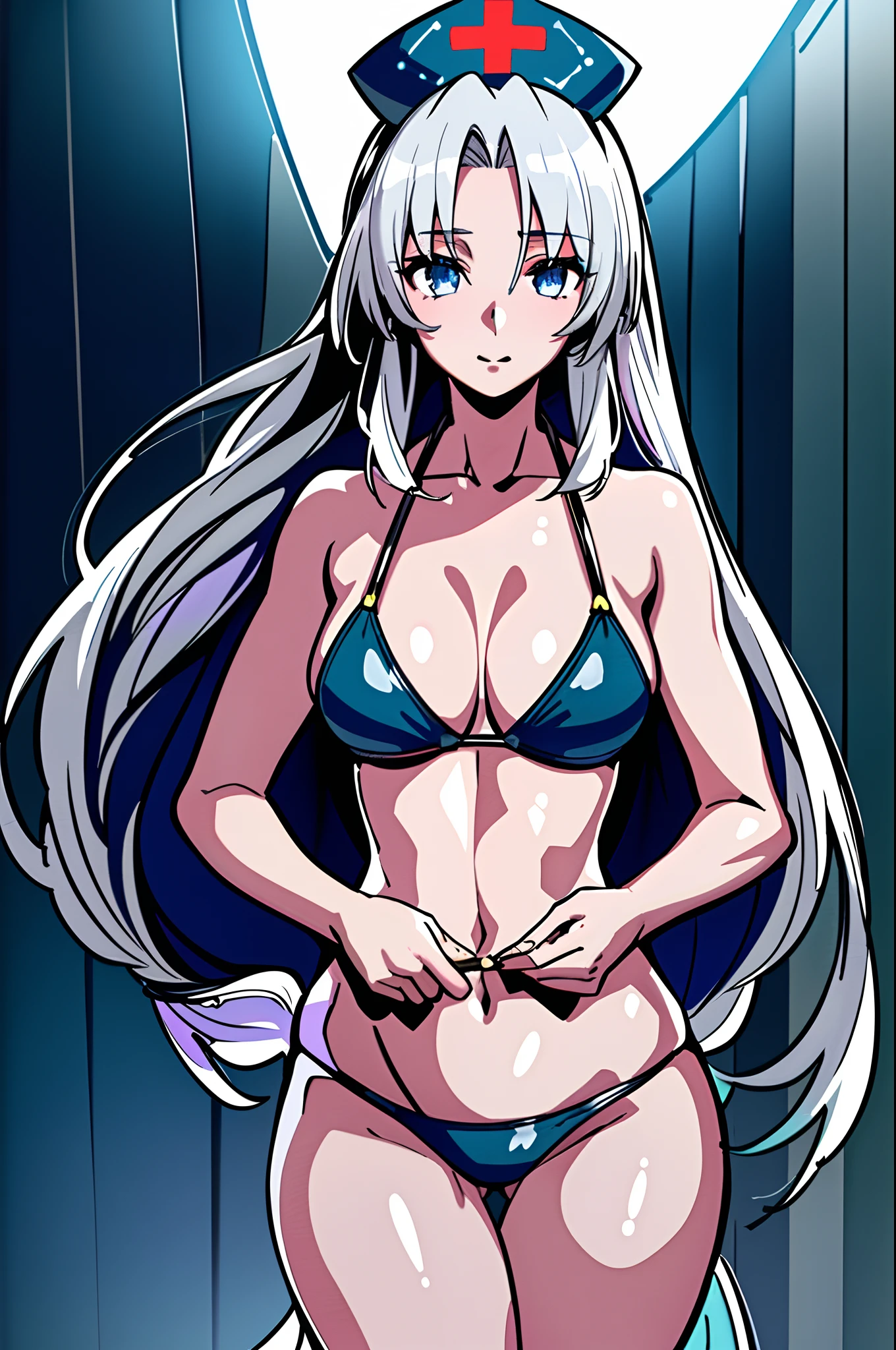 (best quality:1.2, ultra-detailed, photo-realistic:1.37), 1 girl, lonely, Melody, tall top hat, nurse cap, flowing long hair, braided hair, blue eyes, white hair, gray background, bikini swimwear