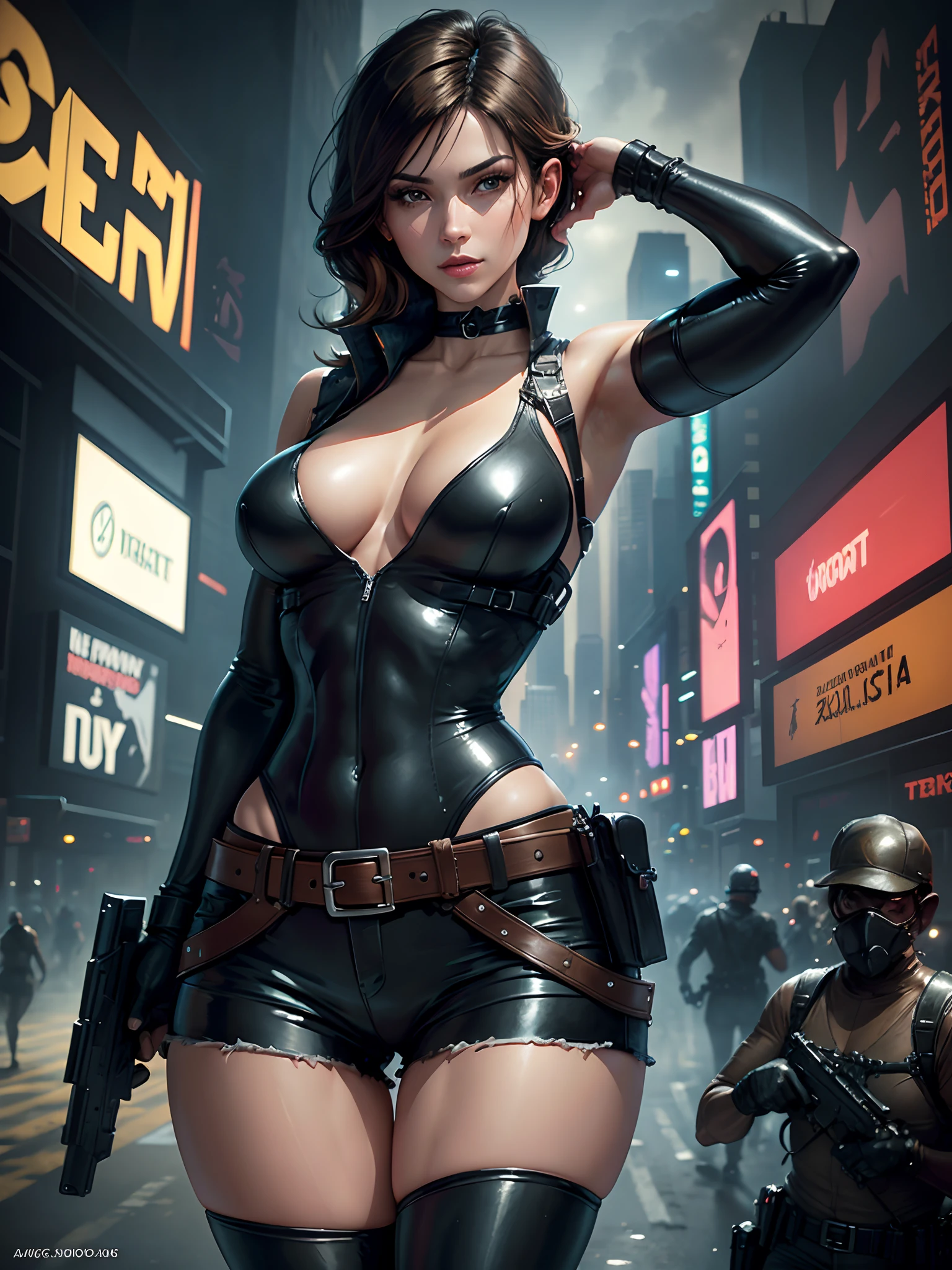 (New York: 1.3), (time square), (master piece,
best quality: 1.2)(zombies in the background: 1.2), Alice resident evil, 1 girl, only, long hair, breasts, smile, big breasts, brown hair, blue eyes, vest, big hair, blonde hair,
light hair, parted lips, Attire, Two-tone hair, open jacket, outlined lips, Black bodysuit, covered navel, makeup, muscular, headband, Abs, tight skin, tight black clothes, muscular female, dyed bangs,
black bodysuit, full bodysuit, (leather shorts and belt: 1.5), (technological firearm: 1.3), Looking at the Viewer, (average breasts: 1.3),
(hanging breasts: 1.3), (full breasts: 1.3), (realism: 1.5), (Realisitc: 1.4), (Absurdity: 1.4), 8k, ultra-detailed, Detailed beautiful woman, (only: 1.4), 1girl, (Viewer facing:1.2),