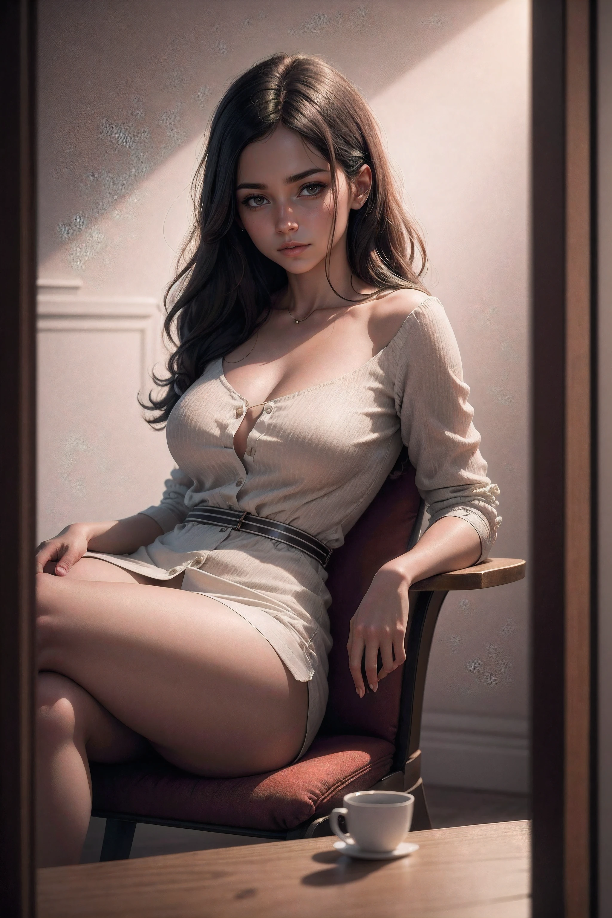 there is a woman sitting on a chair in a room, olhar :: octan render, Cinematic realistic portrait, semi-realistic rendering, realistic soft lighting, foto retrato suave 8 k, sensual 8K lighting, [ Fotorrealismo 4K ]!!, [ Fotorrealismo 4K ]!!!, cinematic soft lighting, cinematic realistic photo, [ Fotorrealismo 4K ]