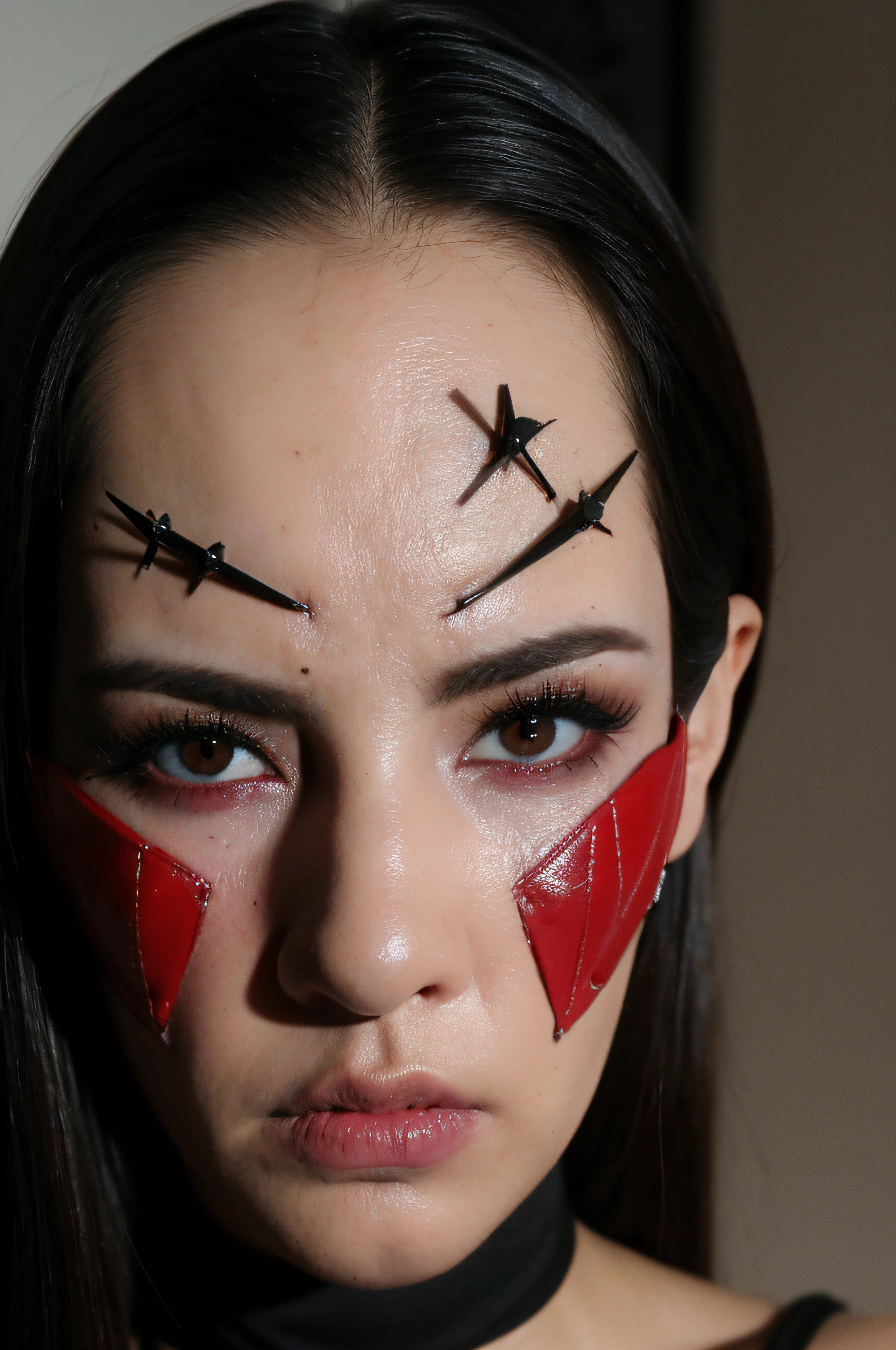"(The best lighting, oscuro, dramatic),(Mujer, extranjero, Hellraiser, triste, Cicatrices, , sexy, cerebro, sangre, una rata dentro de la cabeza, Horror mask.),(ojos rojos, calaveras). morning light.