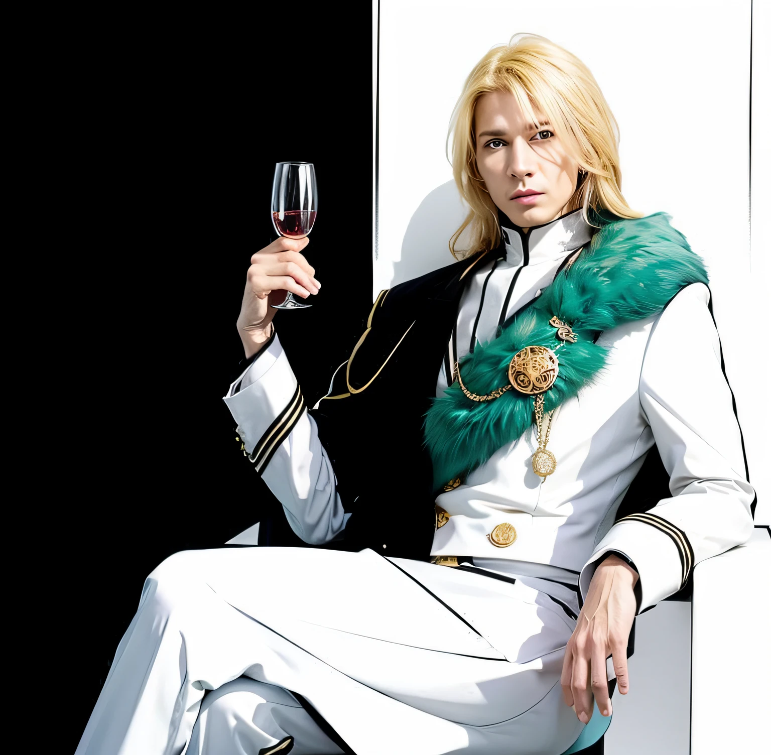 A man sitting on a throne holding a glass of wine in his one hand with blonde hair, ultra realistic, high quality, detailed face