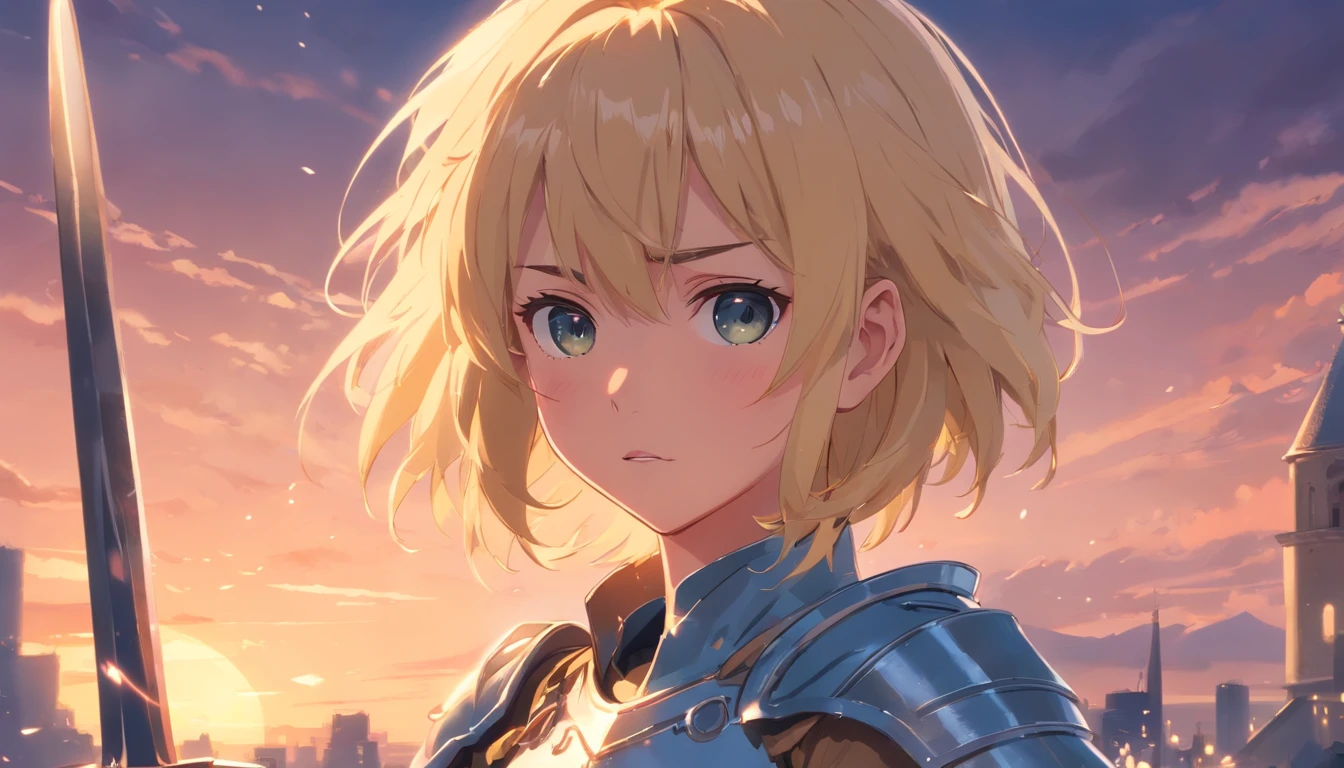 one blonde girl, she is a knight holding a sword, damaged armor, messy hair, dirty face, weak and sad expression on face, ultra sharp, 8k, masterpiece