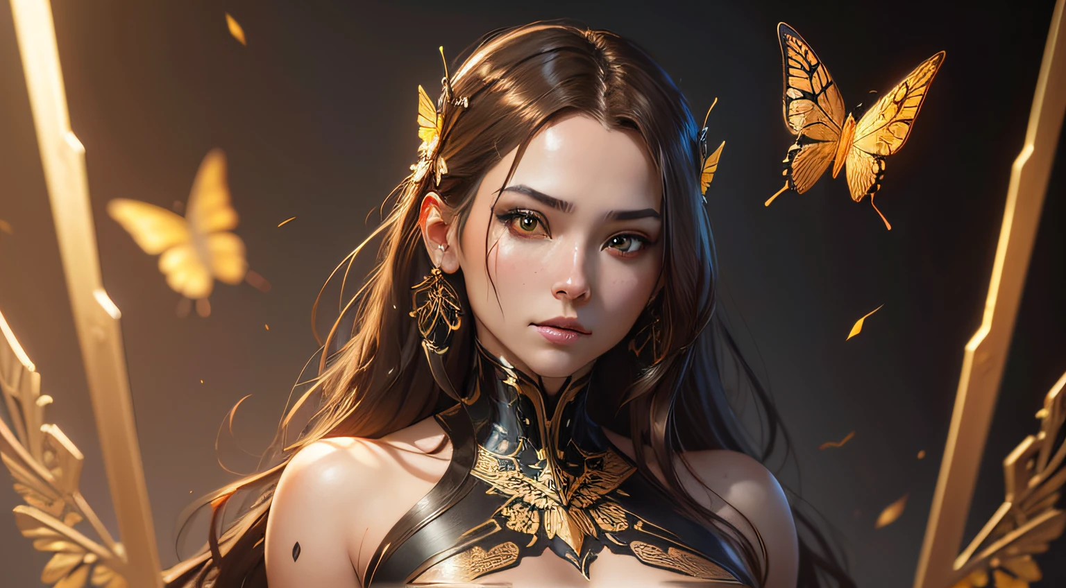 8k portrait of beautiful cyborg with brown hair, intricate, elegant, highly detailed, majestic, digital photography, art by artgerm and ruan jia and greg rutkowski surreal painting gold butterfly filigree, broken glass, (masterpiece, sidelighting, finely detailed beautiful eyes: 1.2), hdr, (detailed background window to a new dimension, plants and flowers:0.7) infinity, infinite symbol,