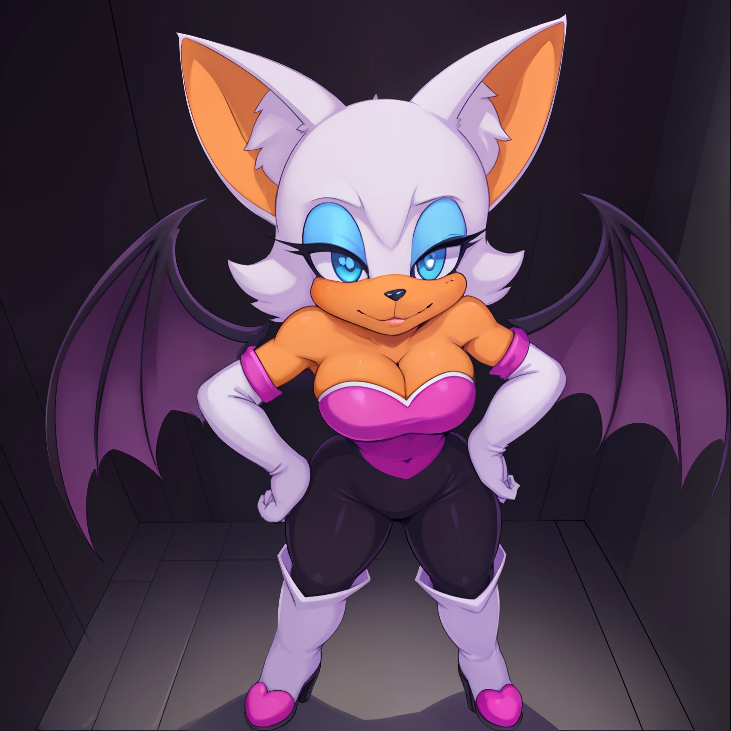 [rouge the bat], [Uploaded to e621.net; (Pixelsketcher), (twistedterra), (napalm_express)], ((masterpiece)), ((solo portrait)), ((front view)), ((full body)), ((sexy)), ((furry; anthro)), ((detailed fur)), ((beautiful artwork)), ((detailed shading)), ((beautiful render art)), ((intricate details)), {anthro bat; (beautiful woman's body), (orange and white fur), black nose, big ears, beautiful blue eyes, (light blue eyeshadow), (purple bat wings), (seductive gaze), (beautiful lips)}, {(cleavage), (black spandex tights), (white knee high boots)}, {(standing), (hand on hip)}, [background; (museum), (dark room), (red glowing ruby)]